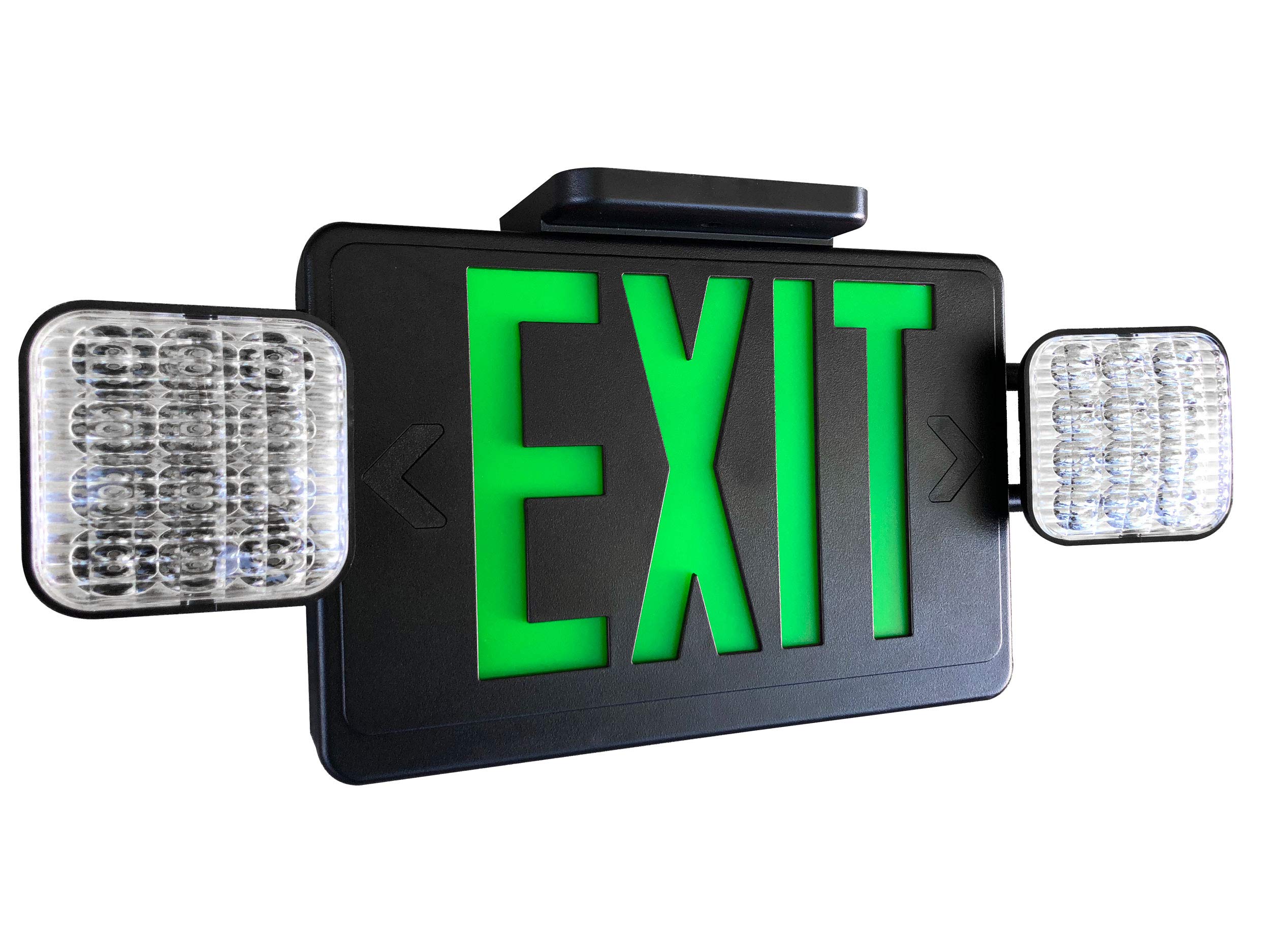 Black Exit Sign with Emergency Lights & Green Letters - Durable Safety Sign for Commercial Buildings, Warehouses & Public Spaces