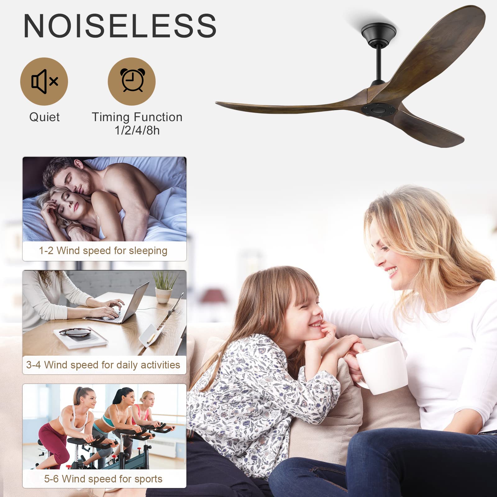 60 Inch Wood Ceiling Fan with Remote - 3 Blade Outdoor Ceiling Fan for Patio, Noiseless Reversible DC Motor, 6 Speed Settings, No Light - Perfect for Indoor and Outdoor Use in Living Rooms, Bedrooms, and Covered Porches