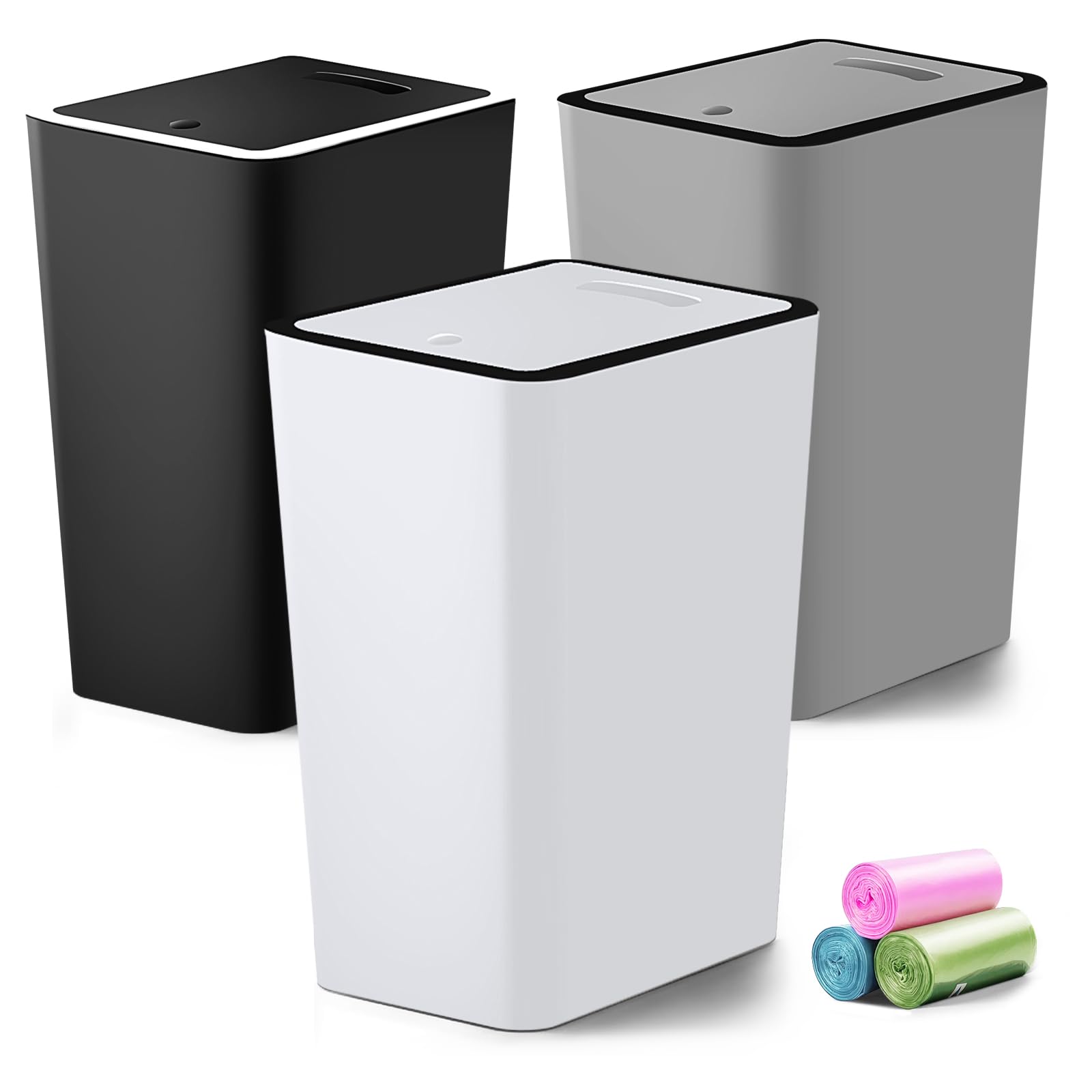 3-Pack 4-Gallon Small Trash Can with Lid - Press-Top Bathroom Waste Basket Includes Trash Bags, Compact Garbage Bin for Dorm, Office, Kitchen, Bedroom & Living Room (Black, White, Grey) - Perfect for Home, Office & Small Spaces