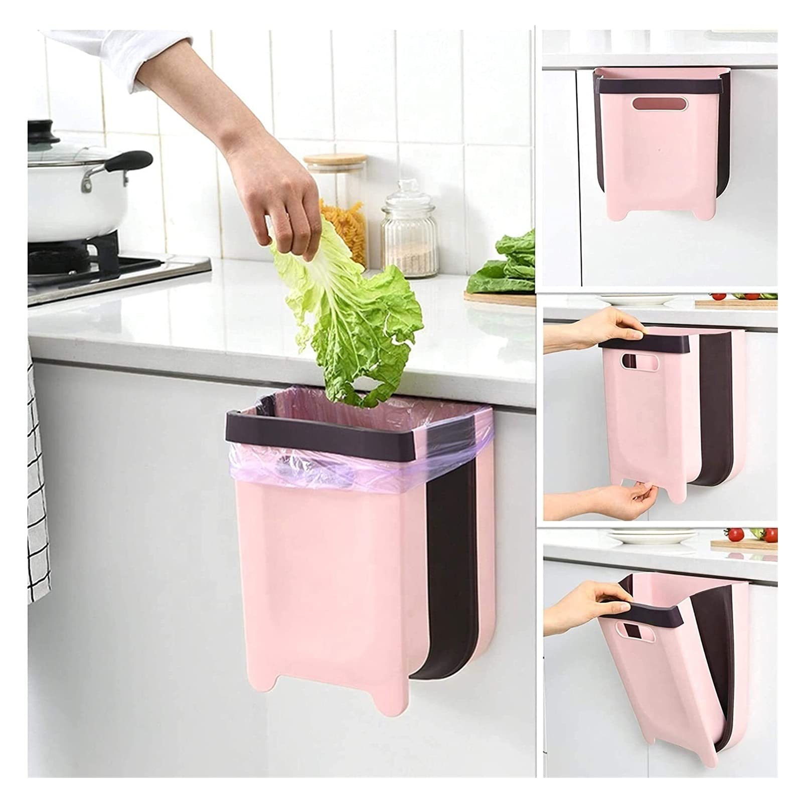 Foldable Hanging Trash Can - Portable Compact Hand-Held Garbage Bin for Kitchen Drawer, Cabinet Door & Small Spaces | Pink | Ideal for Home, Office, RV & Travel Use