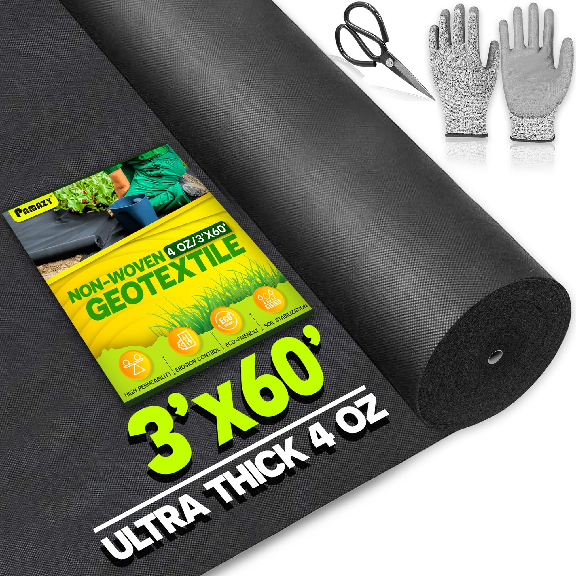 Premium 4oz 3ftx60ft Non-Woven Geotextile Fabric with Free Gloves & Scissors - Heavy Duty Landscape Fabric for French Drains, Driveway Stabilization, Weed Barrier, Construction Underlayment - Perfect for Landscaping Projects & Drainage Solutions