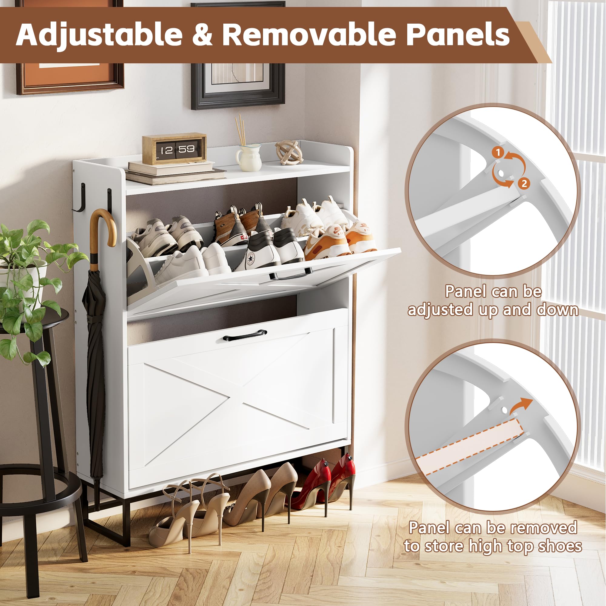 Hidden Shoe Storage Cabinet with 2 Rattan Flip Drawers & Adjustable Shelves - Entryway Shoe Organizer for Hallway, Closet | Perfect for Small Spaces & Apartment Living