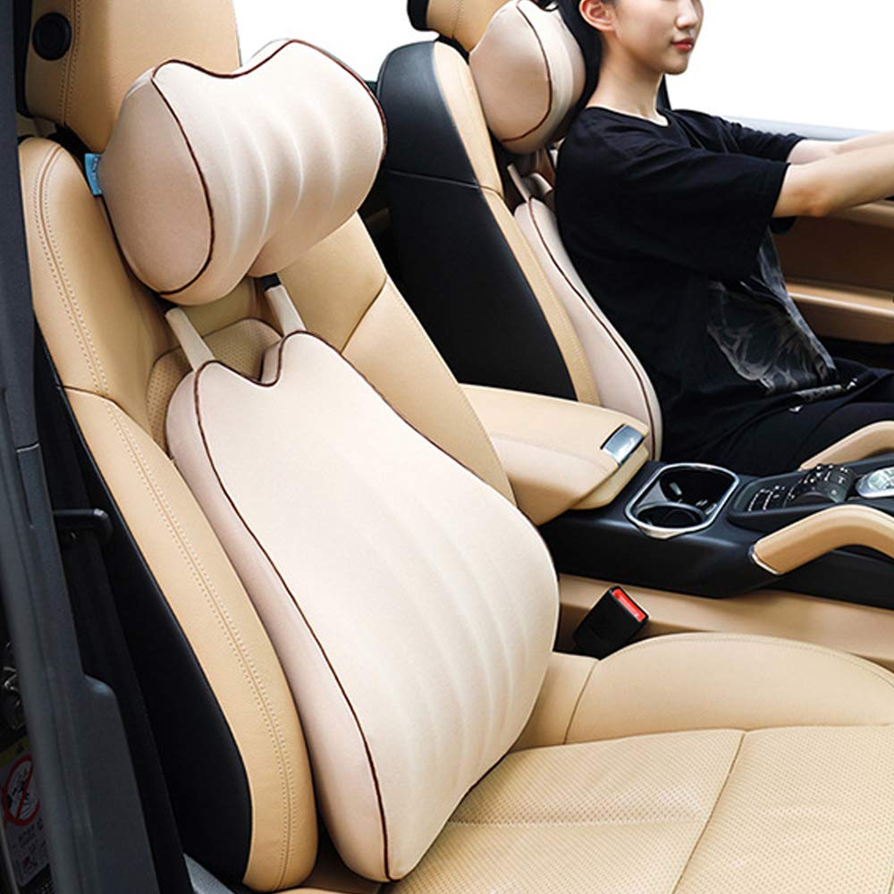 Memory Foam Car Lumbar Support Cushion & Neck Pillow Set - Pain Relief for Long Drives | Fits Suzuki Celerio, Swift, Baleno, Jimny, Vitara, S-Cross | Beige | Perfect for Road Trips & Commuting