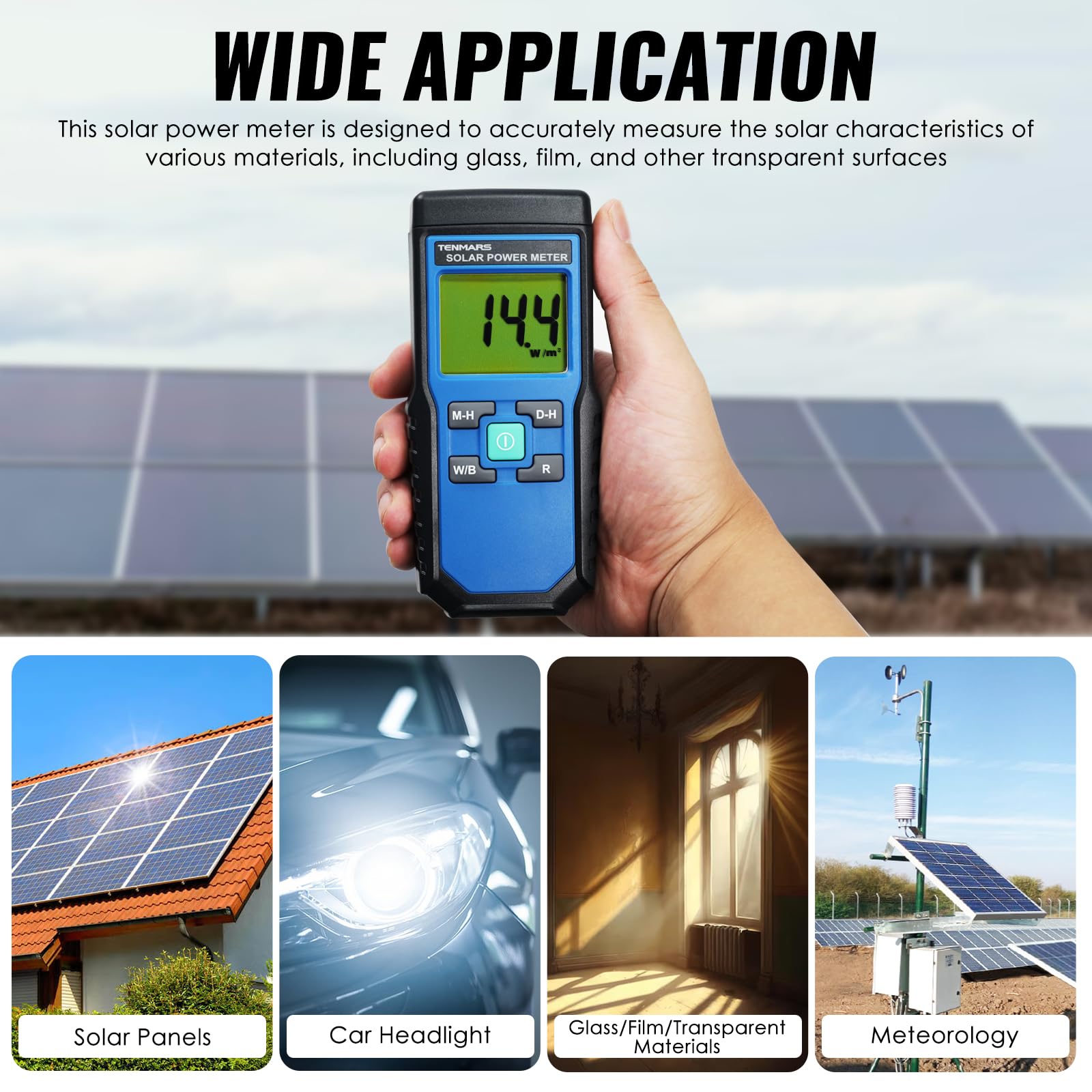 Solar Power Meter - Handheld Digital Solar Irradiance Meter with 2000W/m² & 634BTU/(ft²·h) Range, MAX/MIN/Data Hold - Perfect for Solar Panel Testing, Renewable Energy Research & Sunlight Measurement