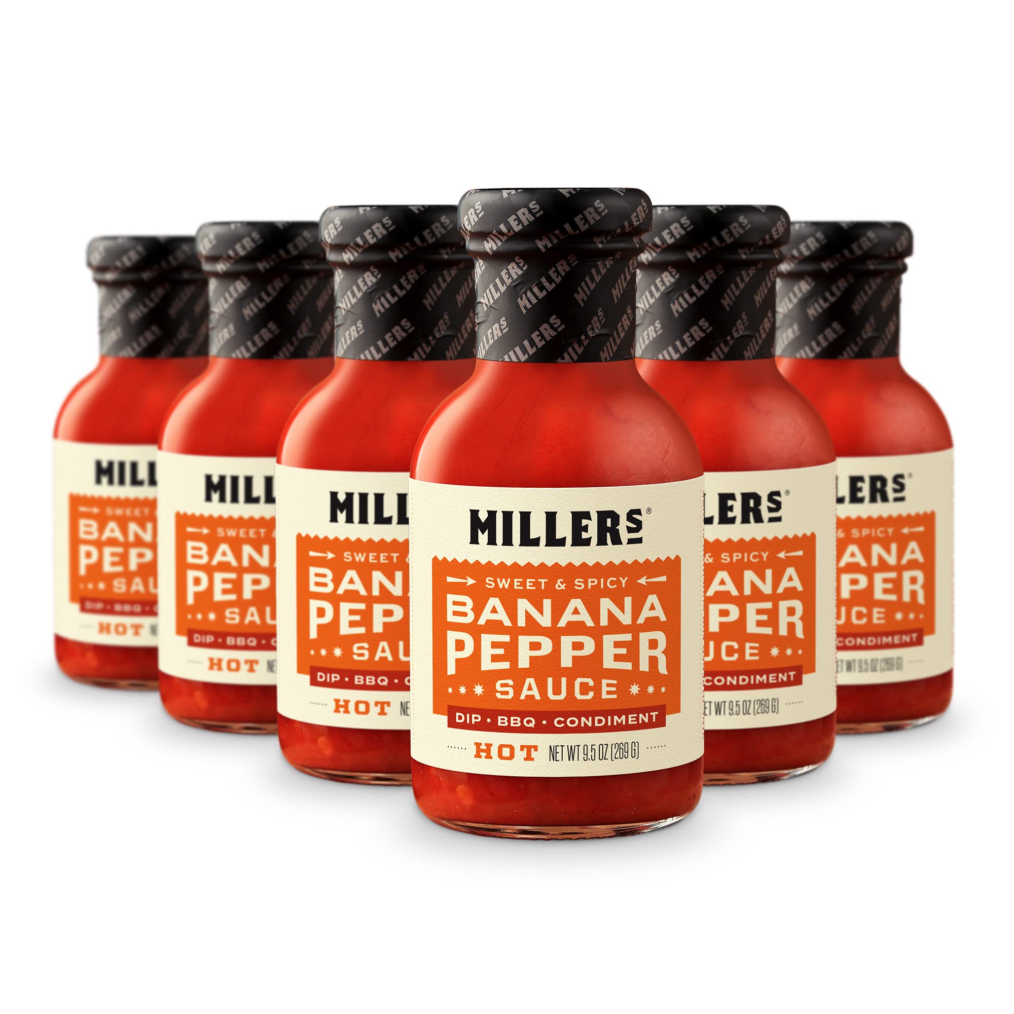 Miller's Red Banana Pepper Hot Sauce - Sweet & Spicy Non-GMO Pepper Sauce for Chicken Wings, Burgers, Sandwiches | 9.5oz (Pack of 6) | Perfect for BBQ, Tacos, Pizza & Game Day Snacks