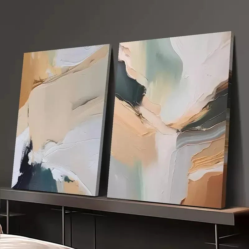 2-Piece Beige Green Modern Abstract Oil Painting Canvas Wall Art - 50x75cm Framed High-Quality Print - 100% Australian Made - Ready to Hang - Perfect for Living Room, Bedroom & Office Decor