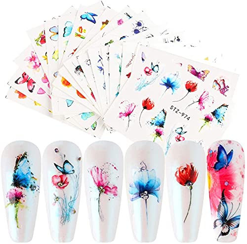 18 Sheets Butterfly Nail Art Stickers - Water Transfer Nail Decals with Flowers & Butterflies for Manicure - DIY Nail Art Design for Salon, Home, Party & Special Occasions