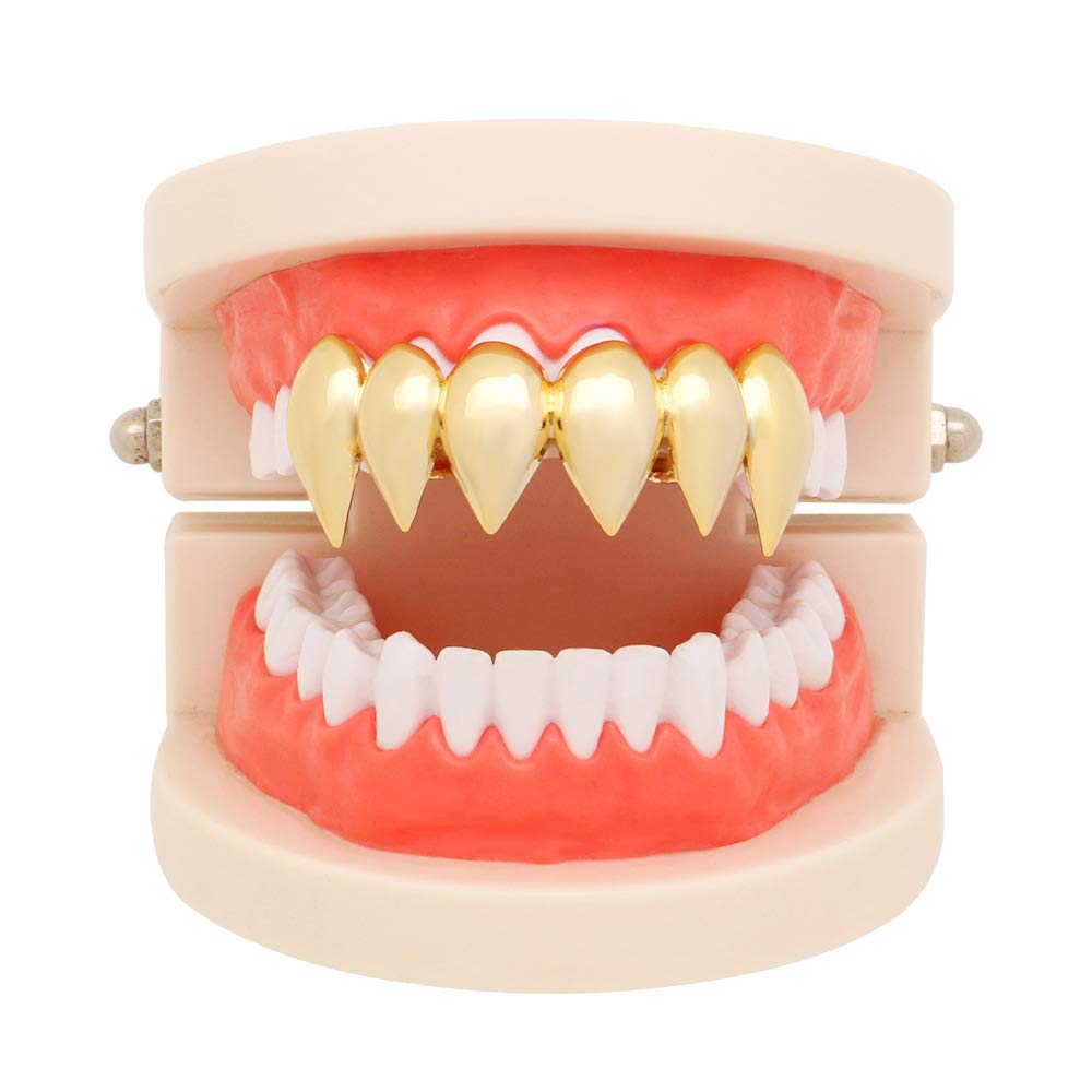 18K Gold Plated Silver Hip Hop Vampire Fang Grillz Teeth - Perfect for Rappers, Halloween Costumes & Hip Hop Fashion Accessories