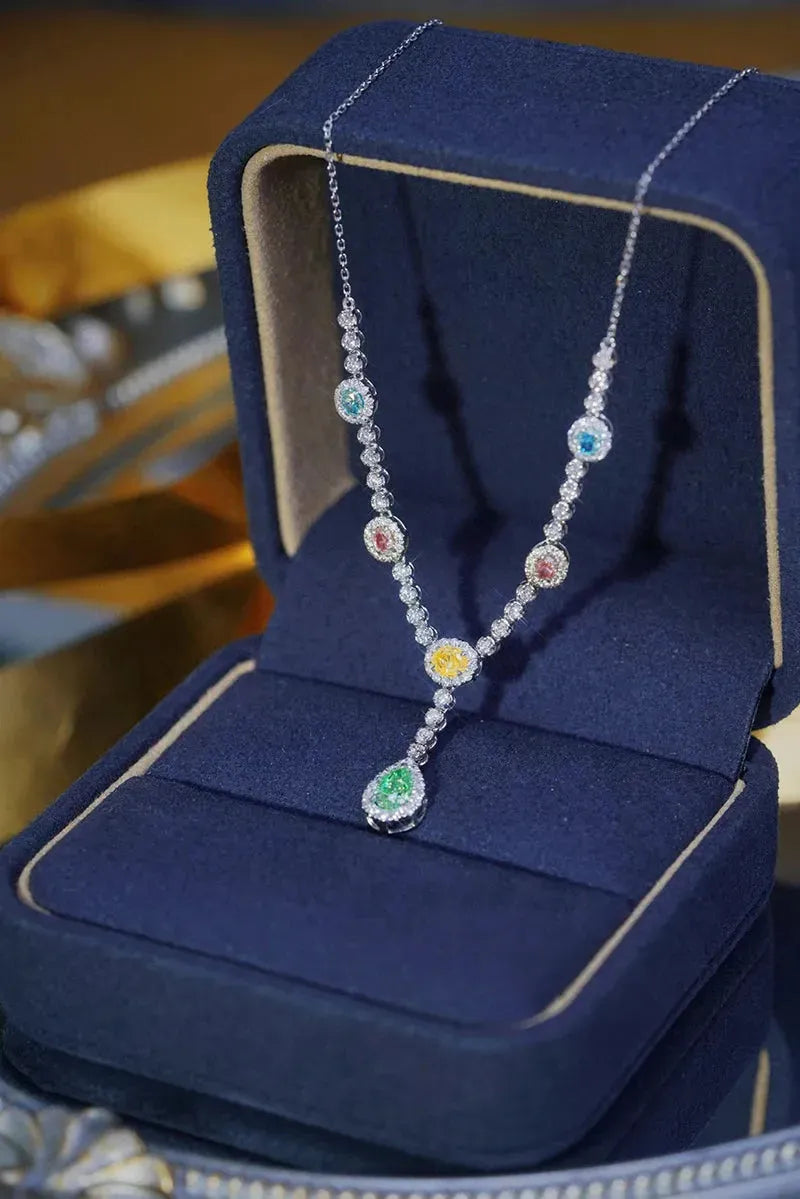18K White Gold Diamond Necklace for Women - Romantic Rainbow Style with Real Natural Color Diamonds | High Engagement Jewelry Gift for Anniversary, Wedding & Special Occasions