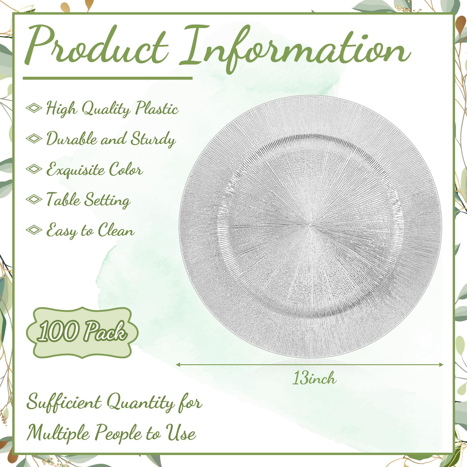 Tanlade 100 Pcs Silver Charger Plates Bulk - 13 Inch Round Plastic Wedding Dinner Plates, Elegant Reusable Table Setting for Wedding Party, Banquet, Holiday & Formal Events - Perfect for Table Decorations & Buffet Serving