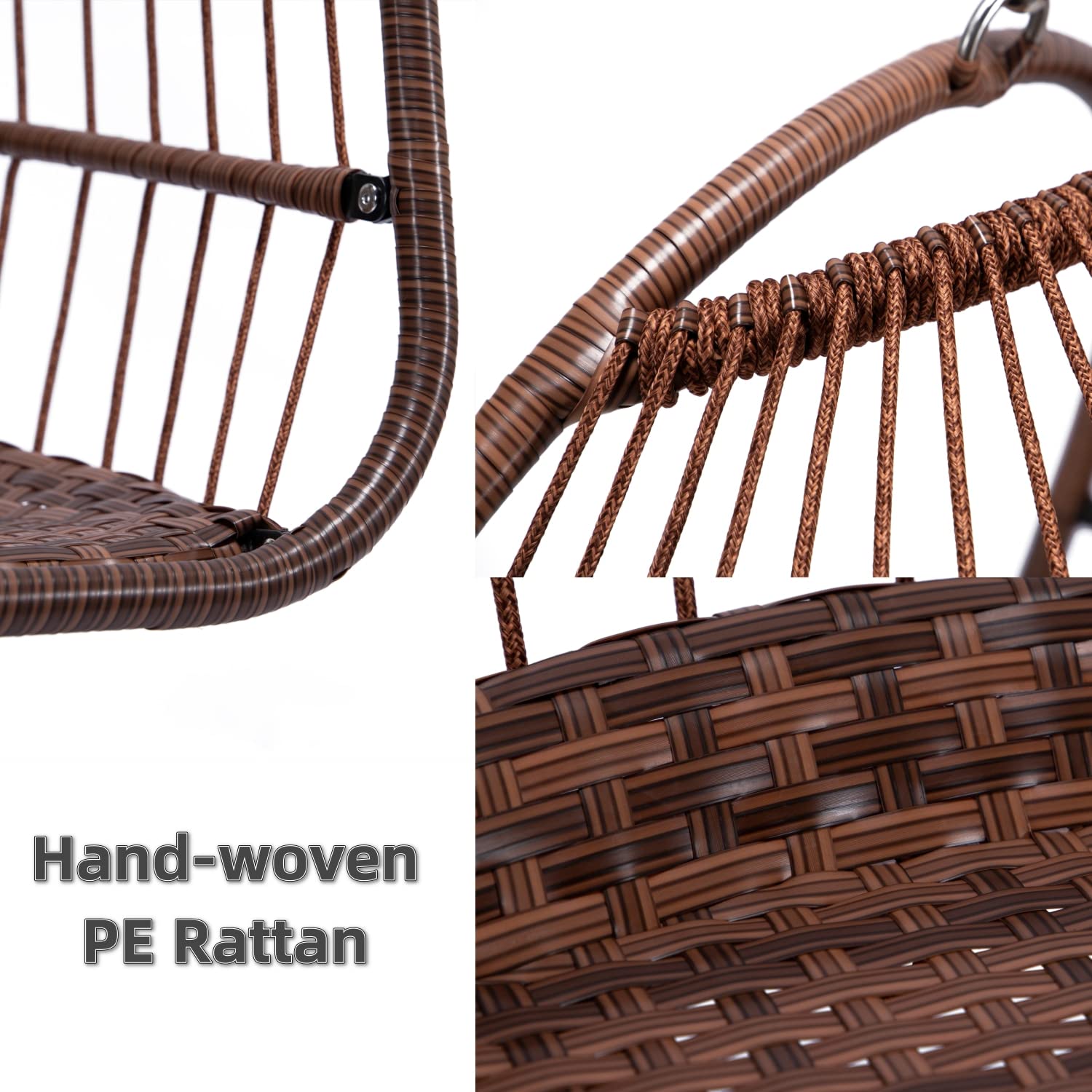 Brown Wicker Egg Chair with Stand - Indoor/Outdoor Hanging Swing Chair with Soft Deep Cushion - Relaxing Basket Chair for Patio, Garden, Living Room & Bedroom