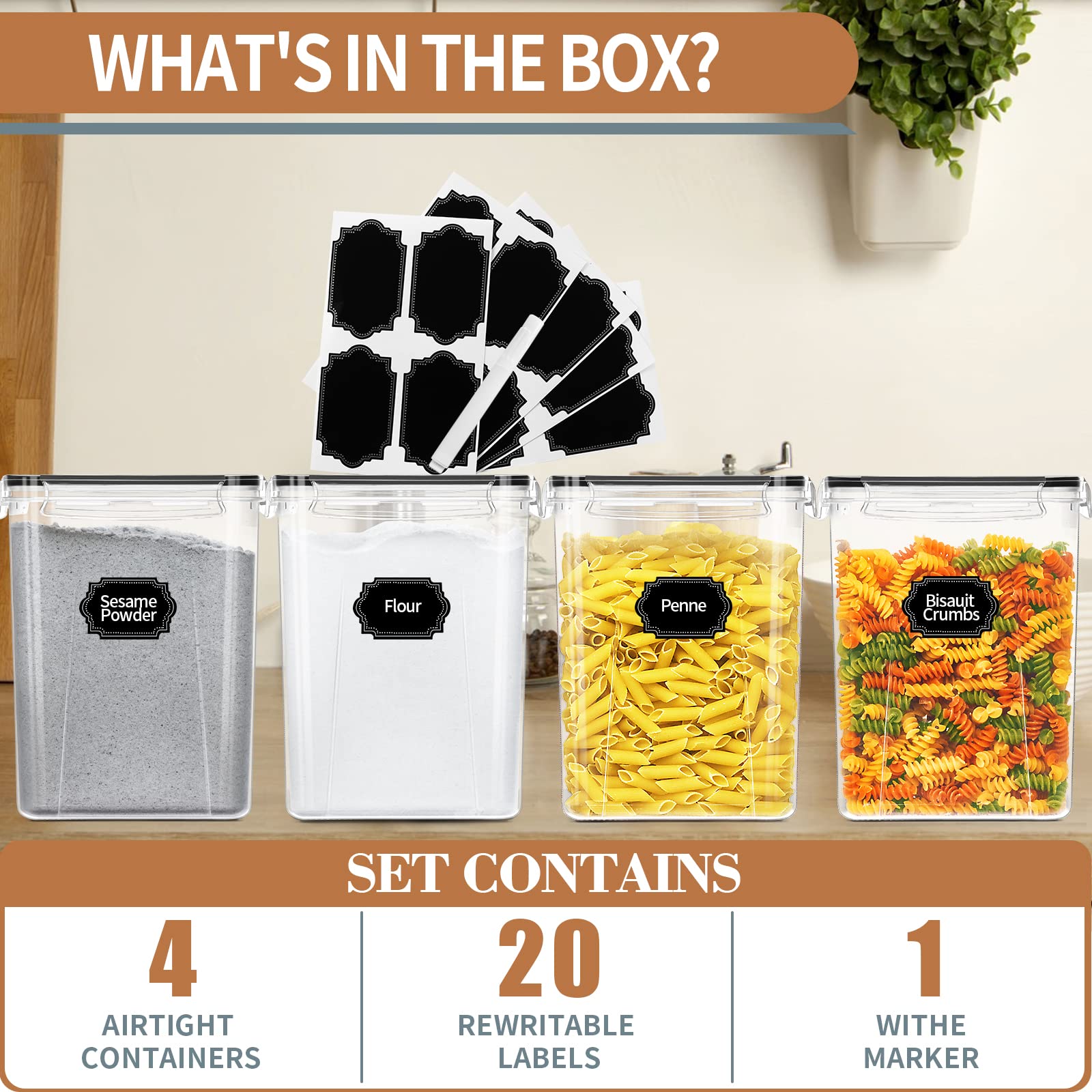 Large Airtight Food Storage Containers with Lids - 4-Piece 5.2L Set for Kitchen Pantry Organization | Perfect for Cereal, Flour & Baking Supplies | Includes Labels & Marker | Ideal for Meal Prep, Bulk Food Storage & Countertop Organization