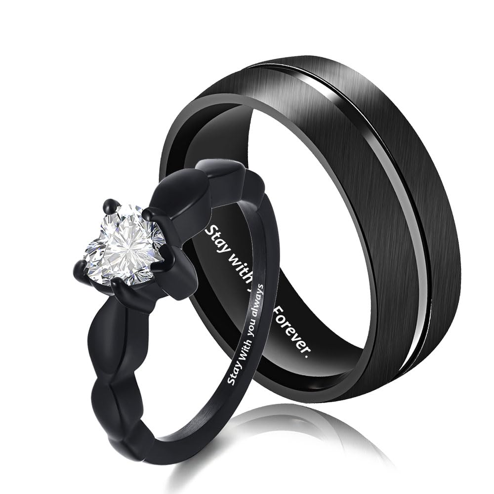 Personalized Matching Couple Rings for Him and Her - Titanium Black Cubic Zirconia Wedding & Engagement Ring Set - Comfort Fit Promise Rings for Women & Men - Perfect for Anniversaries, Proposals and Romantic Gifts
