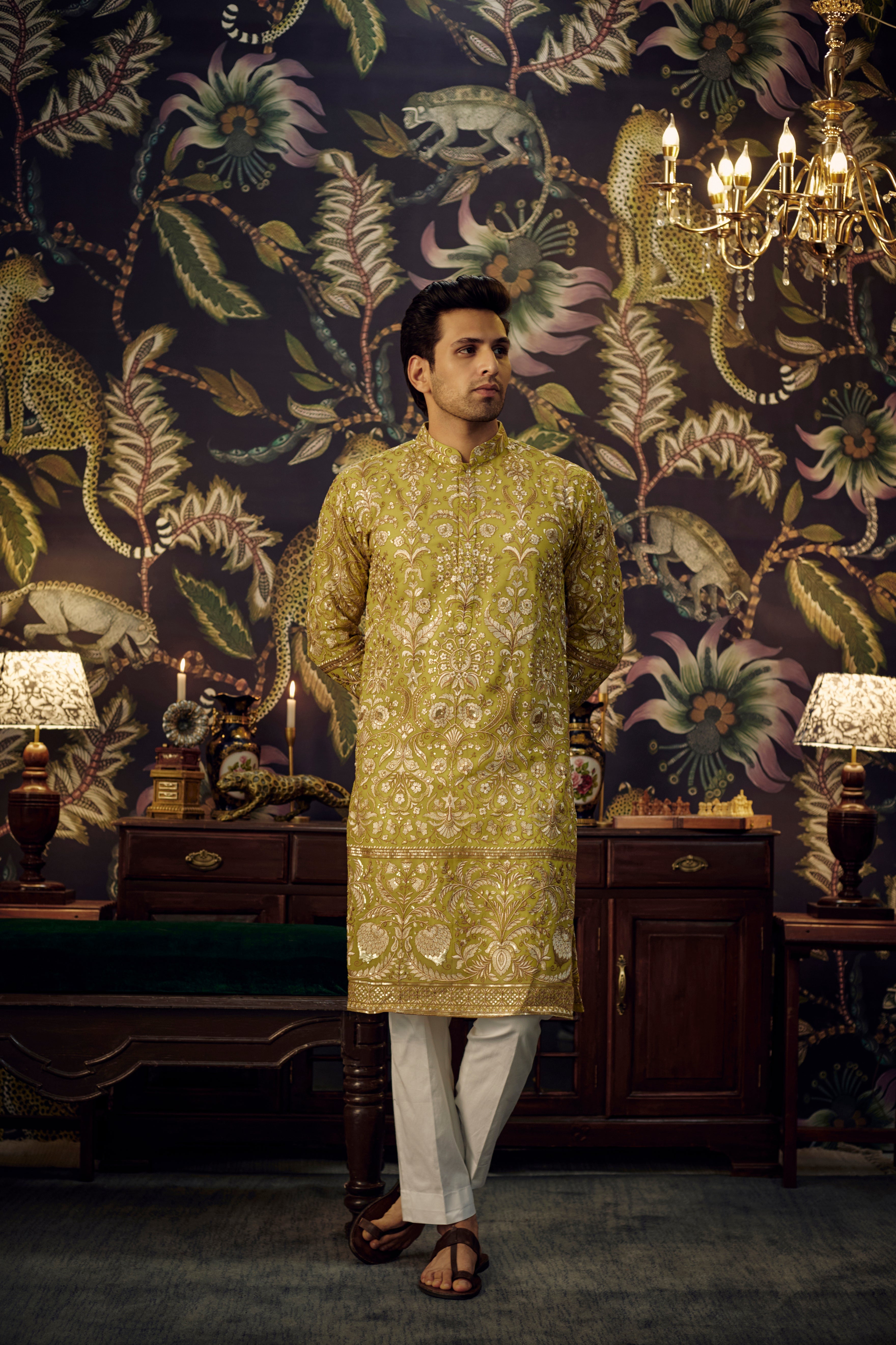Elegant Neon Green Chikankari Kurta with Intricate Floral Zari Embroidery - Perfect for Festivals, Weddings & Ethnic Parties