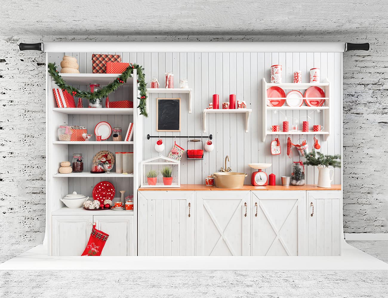 7x5ft White Christmas Kitchen Backdrop for Photography - Holiday Party Decor, Festive Photo Shoot Background, Seasonal Home Staging