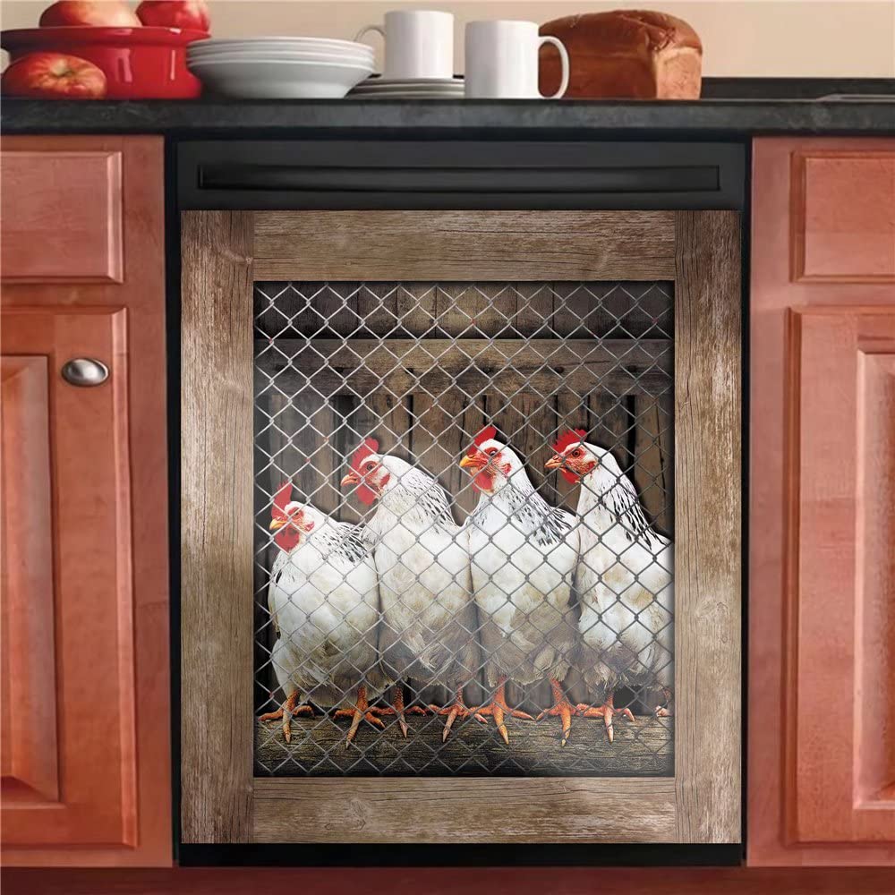 Farmhouse Country Rooster Magnetic Dishwasher Cover - Decorative Chicken Fridge Panel Magnet with Wooden Pattern, 23