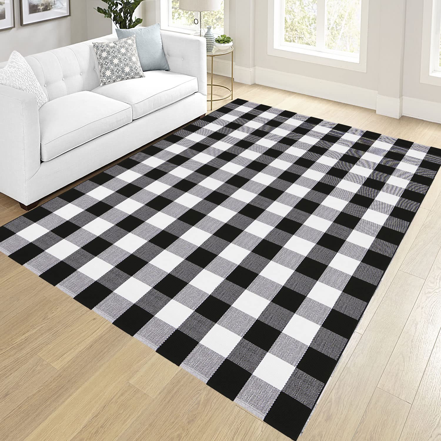 SHACOS 4'x6' Buffalo Plaid Rug - Black and White Checkered Woven Cotton Area Rug for Indoor & Outdoor Use - Front Porch, Kitchen, Living Room, Door Mat - Washable & Durable Home Decor