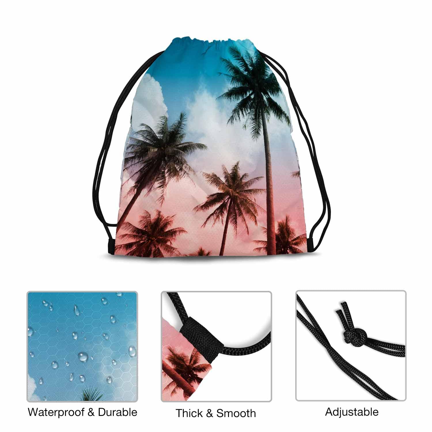 Drawstring Backpack - 14x16.9 Inch Lightweight Sports Bag with Tropical Palm Tree Design, Perfect for Beach, Dance, Gym & Travel | Aloha Summer Breeze Holiday Vacation Essential