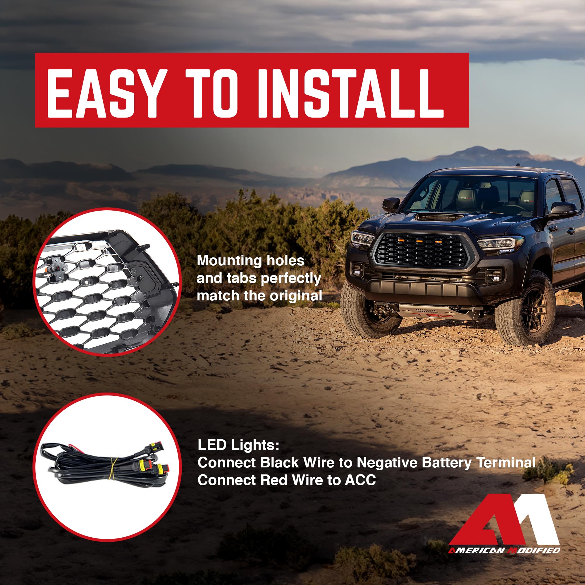 2016-2023 Toyota Tacoma Front Hood Bumper Replacement Grille with LED Lights - American Modified Style (Excludes Trucks with Radar Behind Emblem) | Off-Road Upgrade & Custom Look