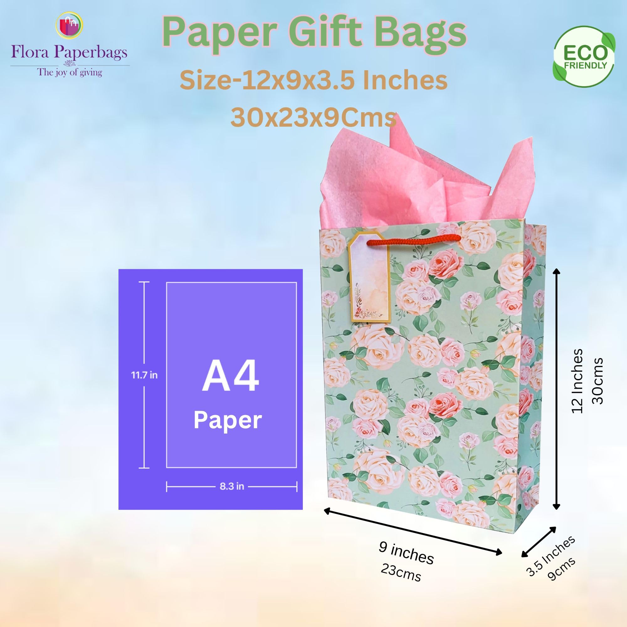 Eco-Friendly Green Paper Gift Bags with Tissue Paper & Thank You Card - Pack of 10 (12x9x3.5 Inches) - Perfect for Birthday Party Favors, Wedding Favors, Baby Shower Gifts & Corporate Events