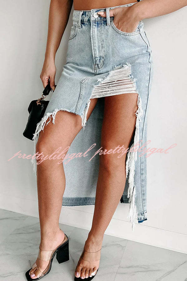 Vintage Darla Distressed Denim Maxi Skirt for Women - Boho Chic Long Denim Skirt with Raw Hem | Perfect for Music Festivals, Beach Outings & Casual Street Style