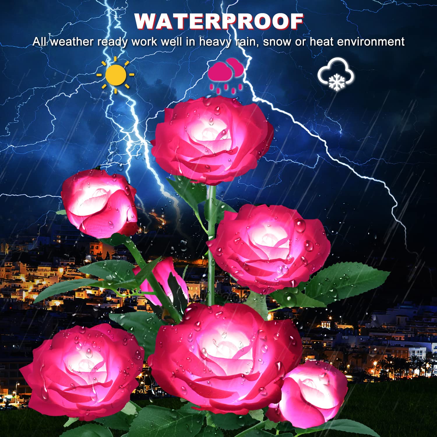 Solar Powered Outdoor Garden Lights - 7 Rose Flower Stake Lights with Enlarged Solar Panel for Pathway, Patio, Yard & Landscape Decoration (Pink) | Weatherproof & Energy Efficient Solar Lights for Romantic Evening Ambience