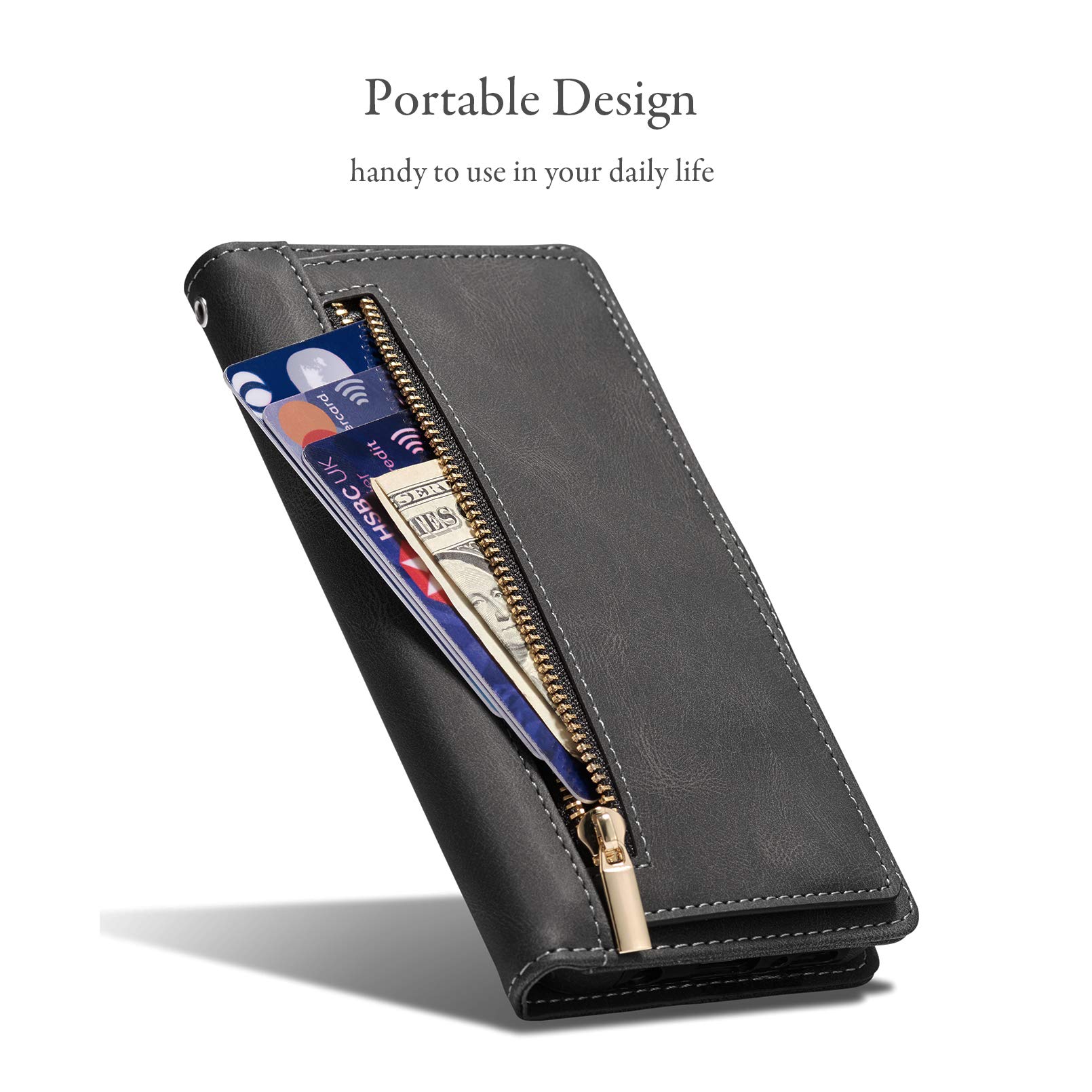 QLTYPRI Leather Wallet Case for iPhone 12 Pro Max (6.7 Inch) - Zipper Purse with Money Pocket, 9 Card Slots & Wrist Strap - Magnetic Flip Cover - Black - Perfect for Travel, Shopping & Everyday Use