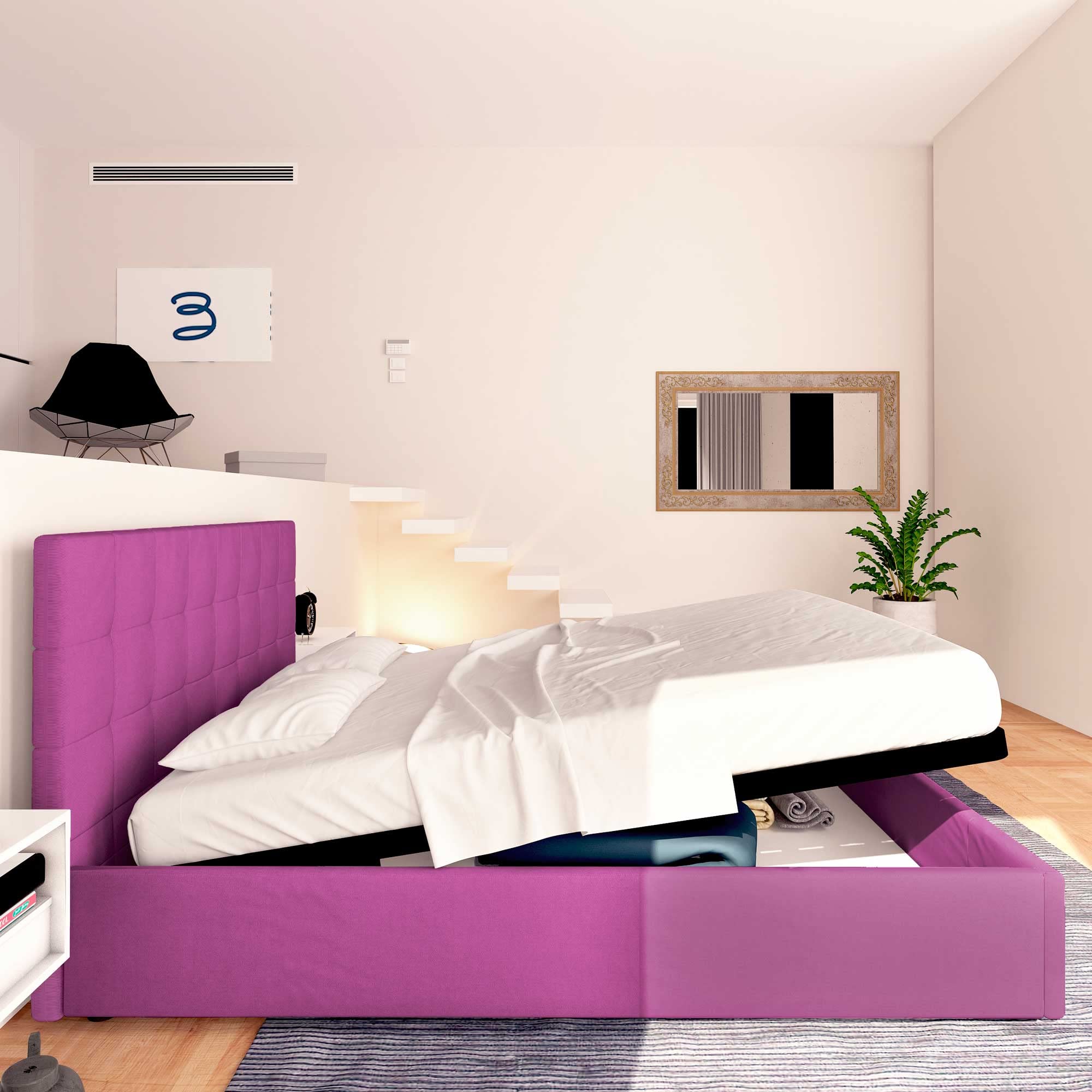 Baldiflex Square and Half Bed with Storage Container, Dublin Fabric Model, Slatted Base for Single Mattresses, 120 x 200 cm, Elegant Headboard in Fuchsia - Perfect for Small Bedrooms, Guest Rooms & Studio Apartments