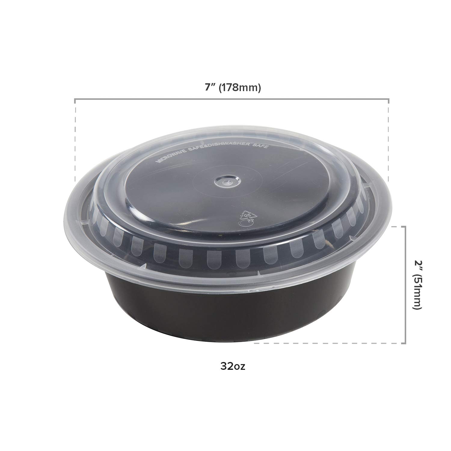 AmerCare 7-Inch Round Black Plastic Food Storage Containers with Lids - 32 oz Microwave & Freezer Safe - Bulk Pack of 150 - Perfect for Meal Prep, Leftovers & Restaurant Takeout