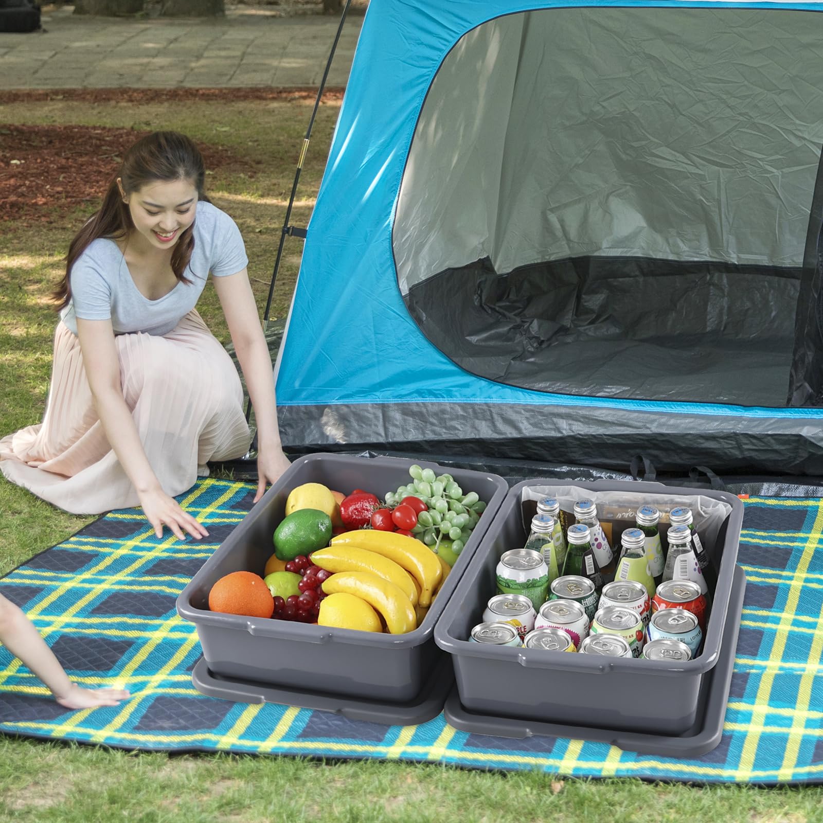 13L Plastic Bus Tray with Lids - Set of 3 Grey Commercial Food Storage Containers for Restaurants, Catering & Meal Prep | Durable Stackable Tote Boxes for Kitchen Organization & Transport