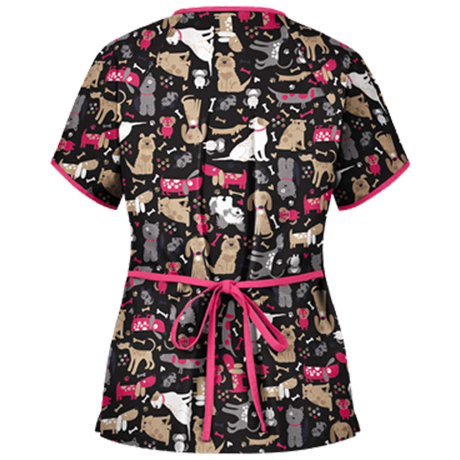 Cute Short Sleeve V-Neck Scrub Tops for Women - Printed Nursing Uniform Medical Shirt with Pockets | Comfortable Workwear for Nurses, Doctors & Healthcare Professionals