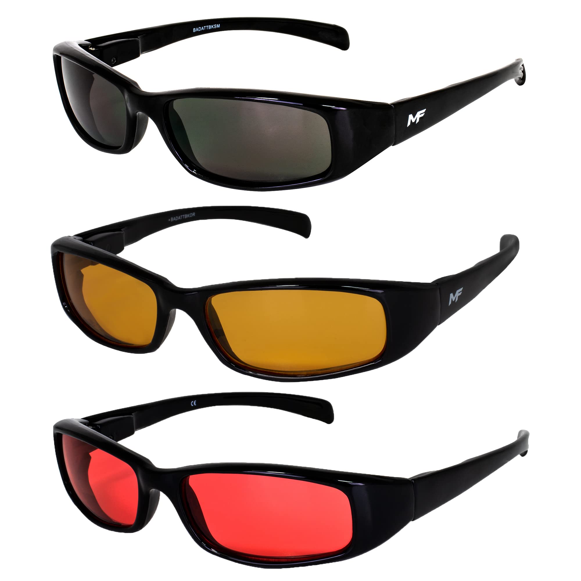 3 Pairs of MF Eyewear Bad Attitude Motorcycle Glasses - Shatterproof Polycarbonate, Black Frame, UV400 Protection, Scratch-Resistant - Smoke Orange & Red Lenses for Motorcycle Riding, Cycling, and Outdoor Sports