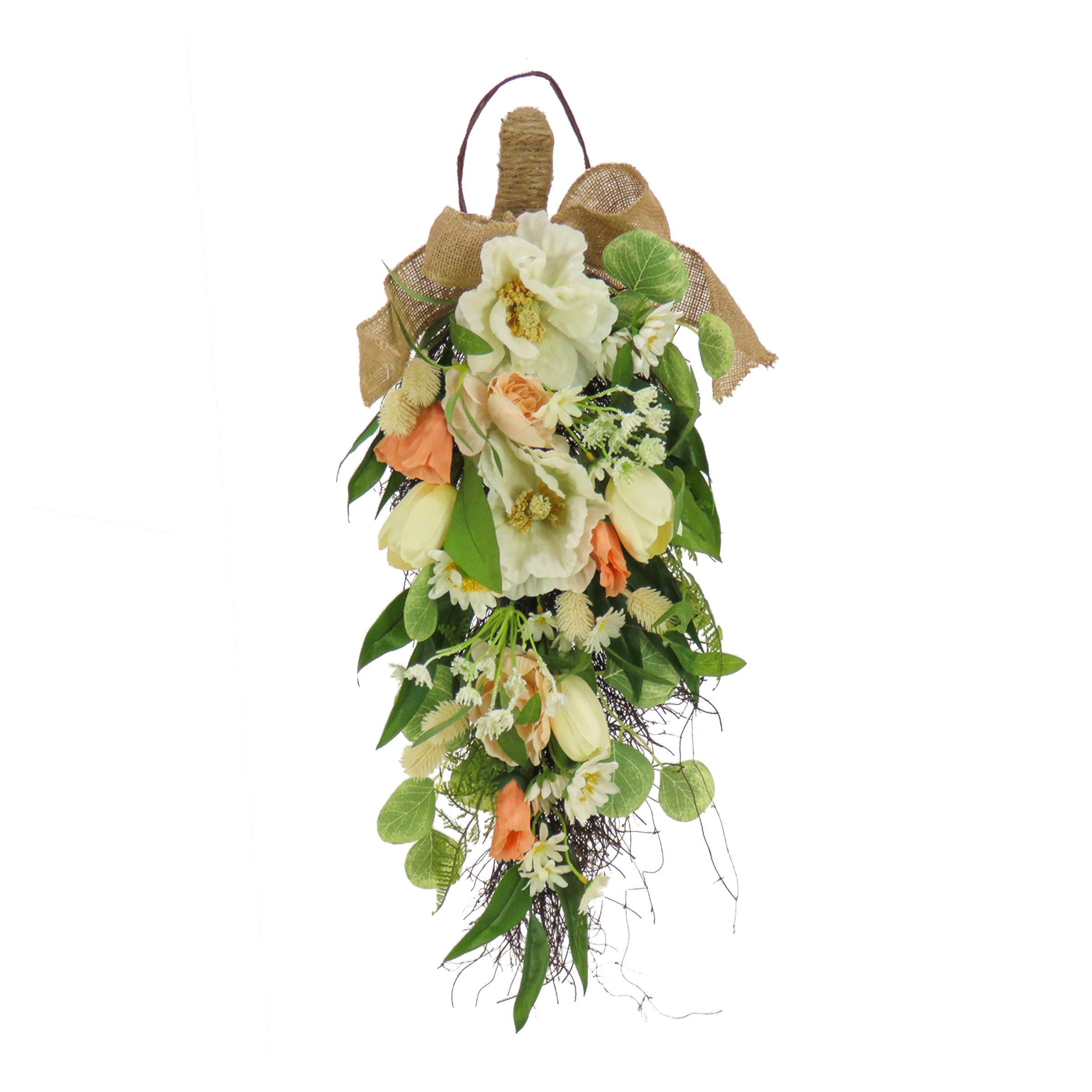 26 Inch Spring Teardrop Wall Hanging Decor with Tulip, Poppy & Buttercup Flowers - Floral Home Decor for Living Room, Bedroom or Easter Decoration