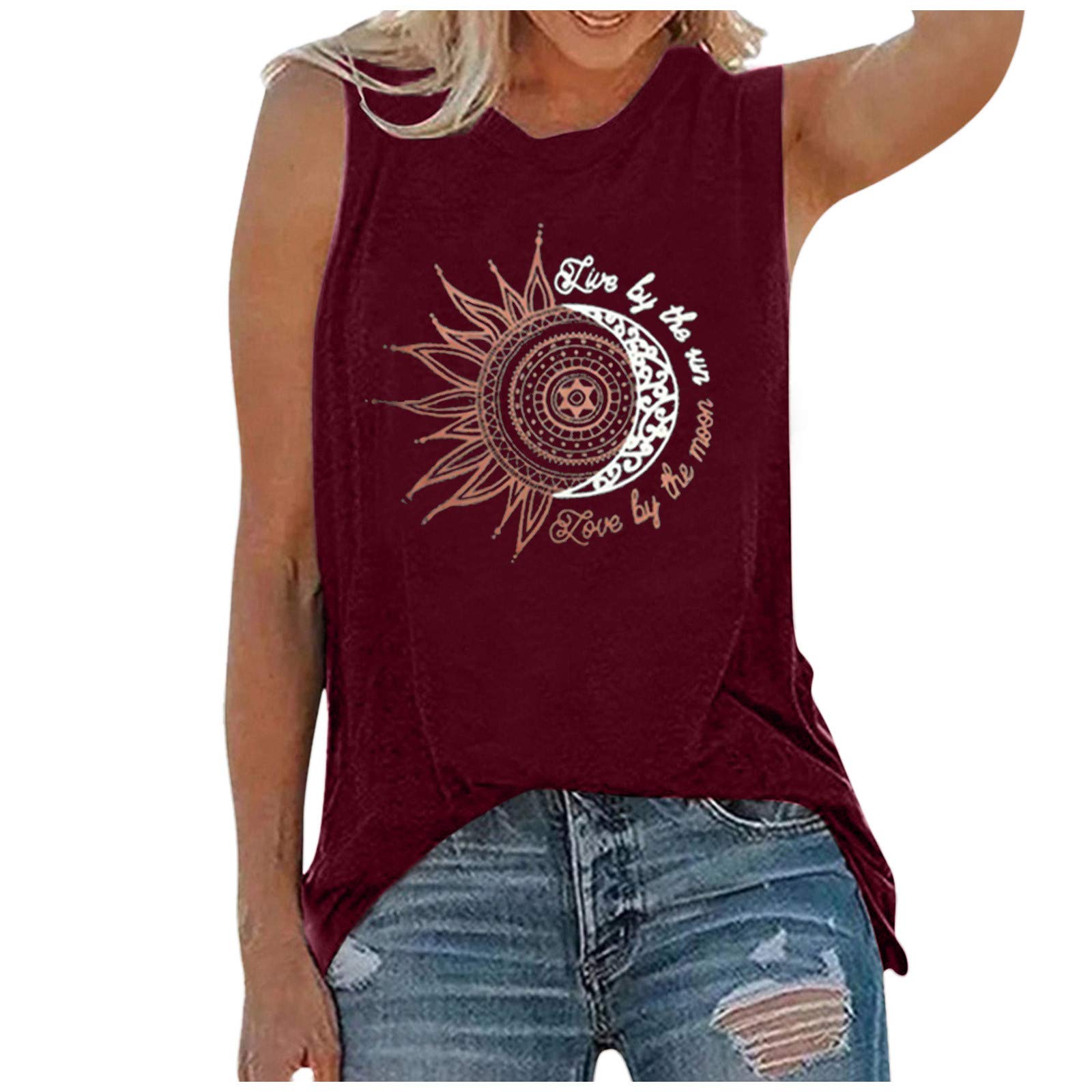 Women's Vintage Graphic Tank Tops - Live by The Sun Love by The Moon Hippie Sleeveless Shirts | Casual Summer Tees for Beach, Music Festivals & Boho Style