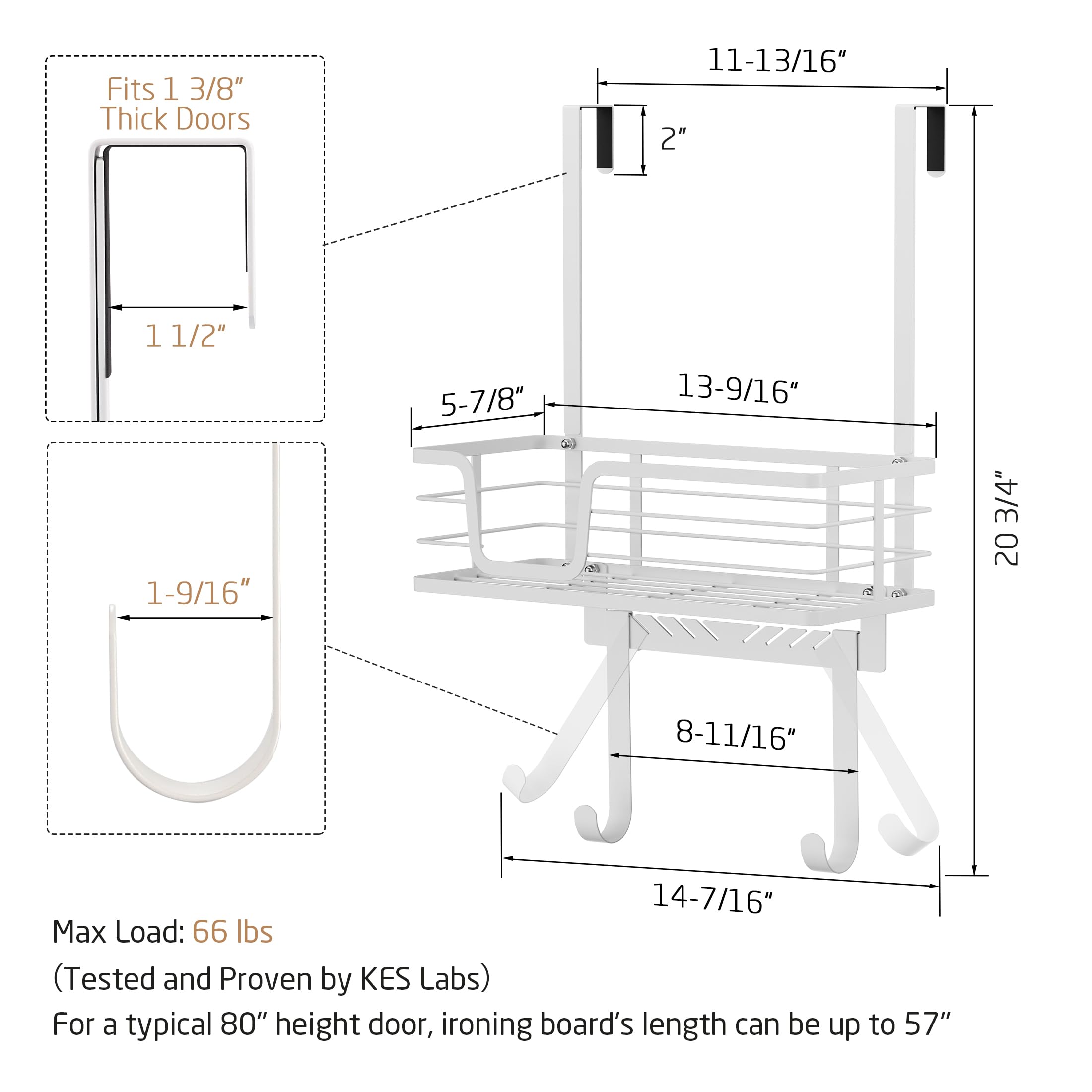 Over The Door Ironing Board Holder - White Ironing Board Hanger with Storage Shelf for 1-3/8