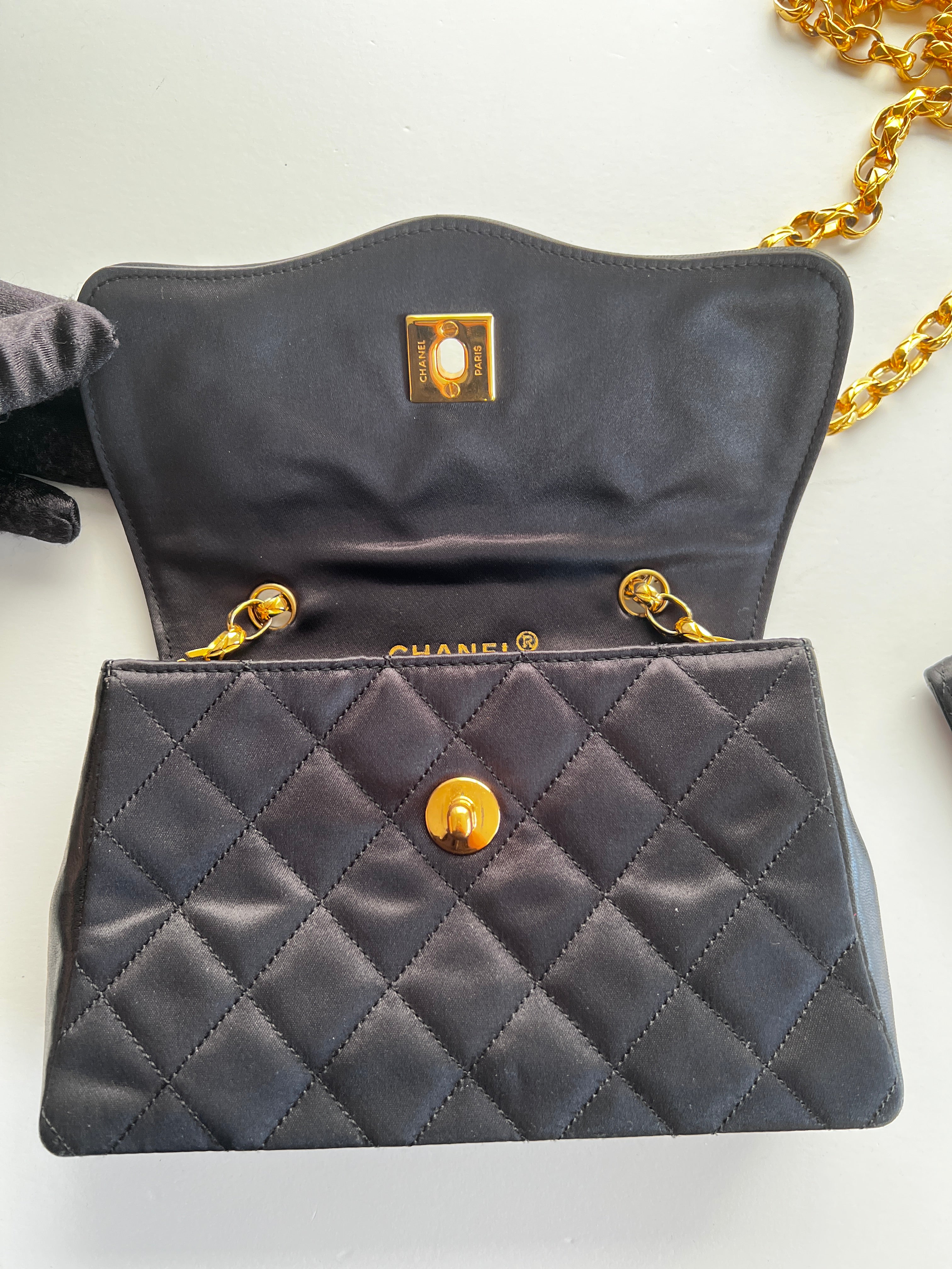Vintage Chanel Satin & Leather Flap Bag with Card Holder - Luxury Designer Crossbody Purse for Women, Perfect for Evening Parties & Special Occasions