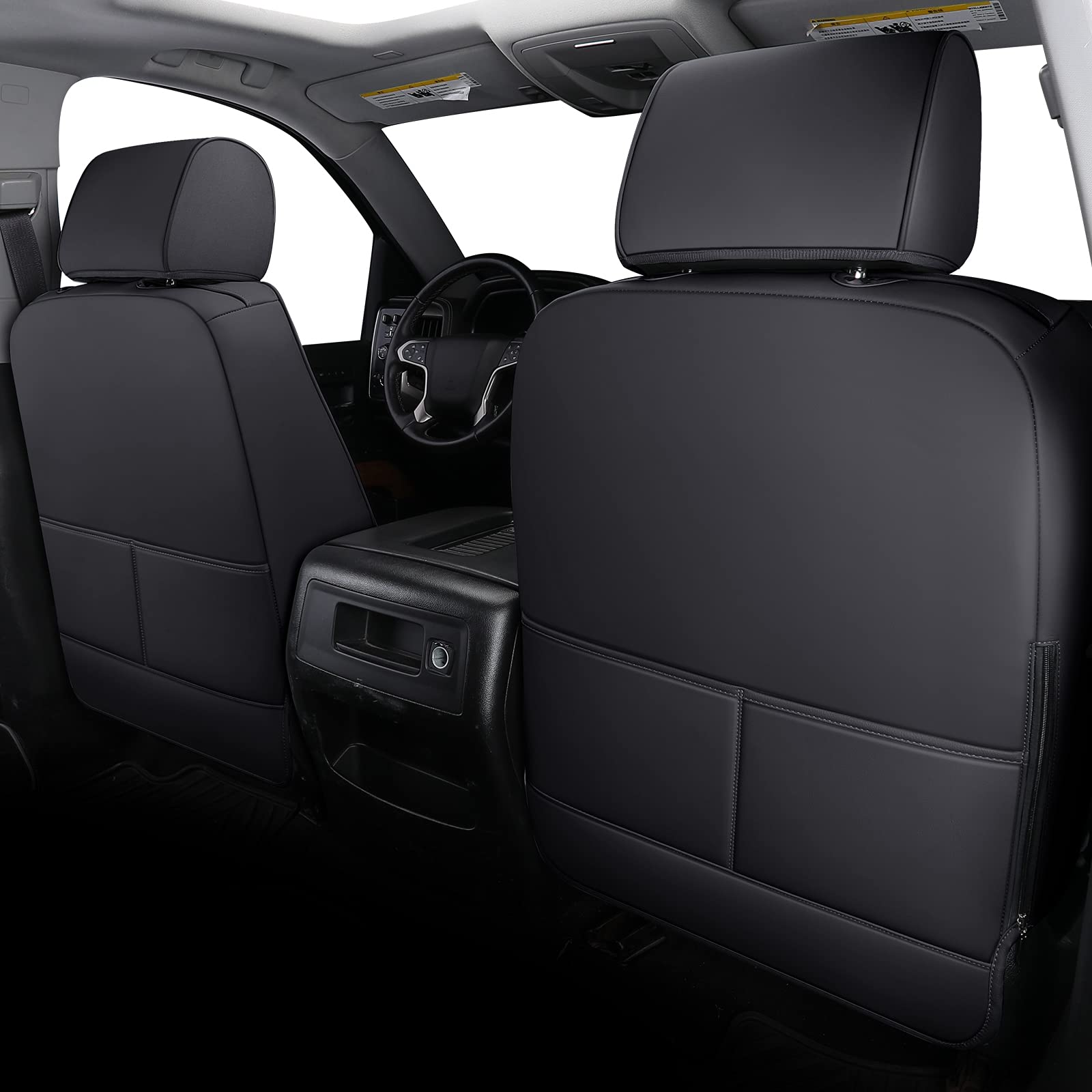 Premium Faux Leather Seat Covers for Chevy Silverado & GMC Sierra (2007-2025) - Full Set Custom Fit for 1500/2500HD/3500HD Crew & Extended Cab - Durable Black Car Seat Protectors for Daily Commute & Road Trips