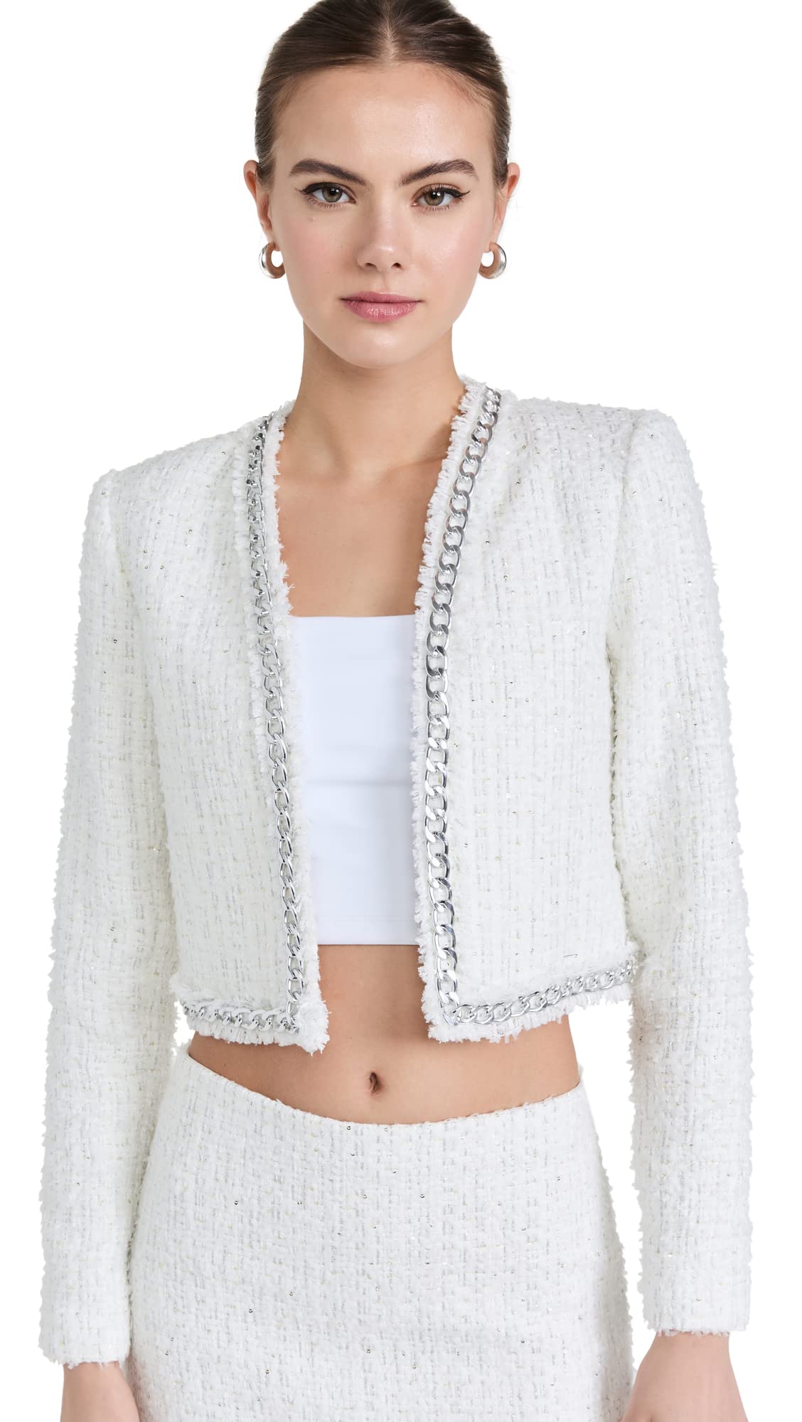 Alice + Olivia Women's Zeta Cropped Box Jacket with Chain Trim - Stylish Faux Leather Blazer for Office, Night Out & Special Occasions