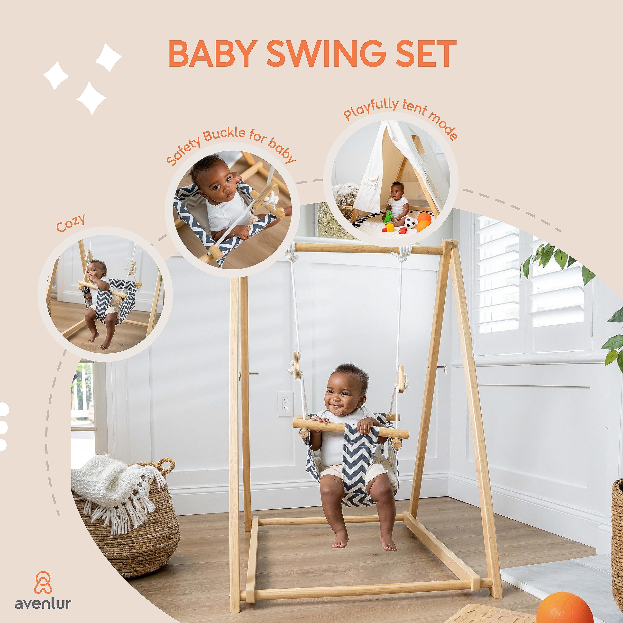 Avenlur Spruce Baby Swing with Stand - Foldable Toddler Swing with Safety Belt & Soft Pillow - Indoor/Outdoor Free Standing Swing for Kids 6 Months to 3 Years - Montessori Waldorf Style Swing for Playroom, Backyard & Nursery