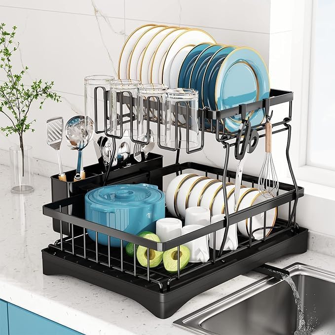 Stainless Steel Over Sink Dish Drying Rack - 2 Tier Adjustable Large Dish Drainer for Kitchen Counter Organization | Space Saving Storage Solution | Perfect for Small Kitchens, Apartments & RV Use (Model RK-281)