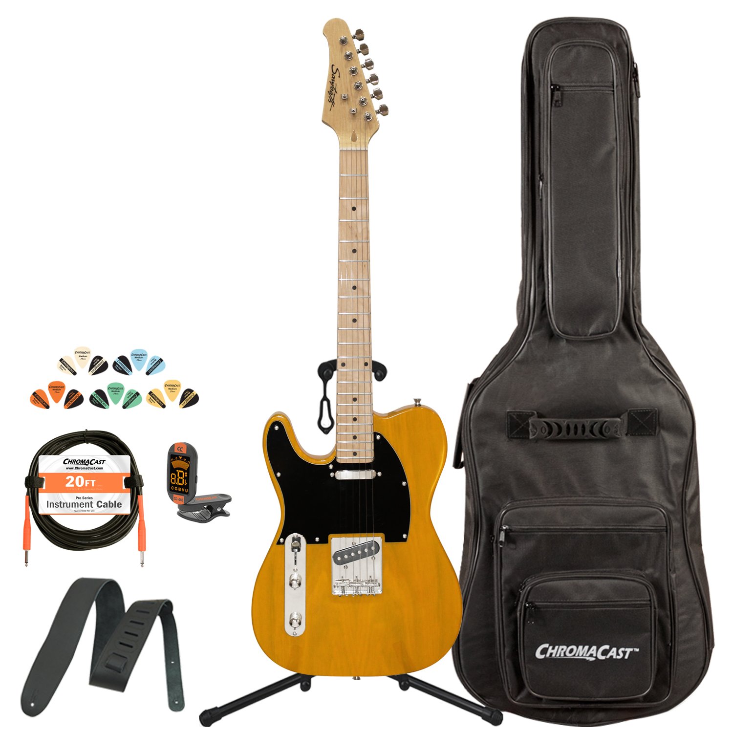 Sawtooth Classic ET 50 Ash Body Left Handed Electric Guitar - Butterscotch Finish with Black Pickguard | Includes Gig Bag, Cable, Picks, Strap, Tuner & Stand | Perfect for Beginners, Live Performances & Home Recording Studios