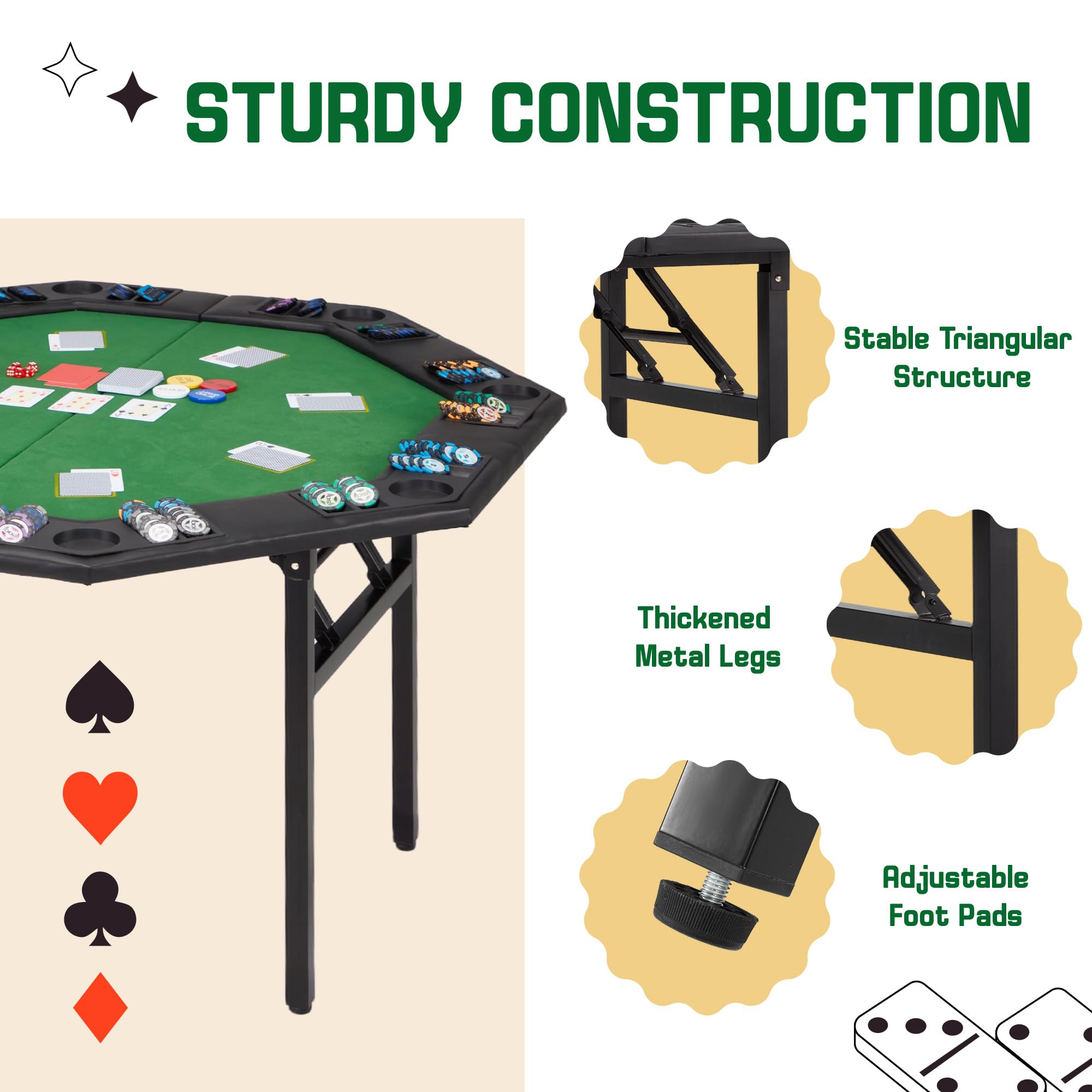 ECOTOUGE Foldable Poker Table - 8 Player Octagon Texas Holdem Poker Table with Chip Trays & Collapsible Legs | Portable Casino Game Table for Blackjack, Poker Nights & Home Entertainment | Easy Assembly, Green