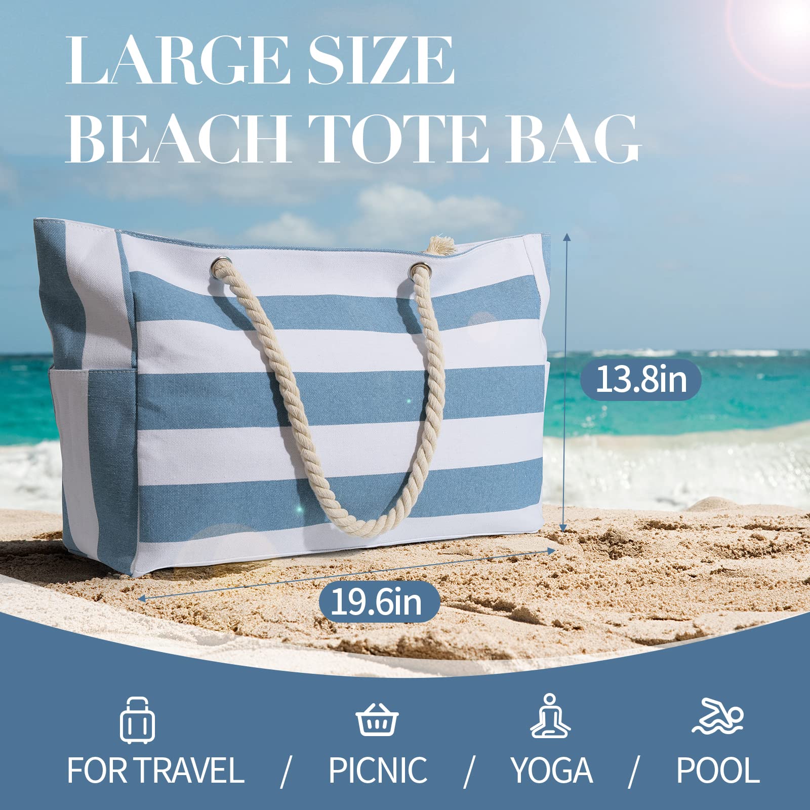 Women's Large Waterproof Beach Bag with Zipper - Sandproof Canvas Travel Tote for Pool, Gym, and Vacation Essentials
