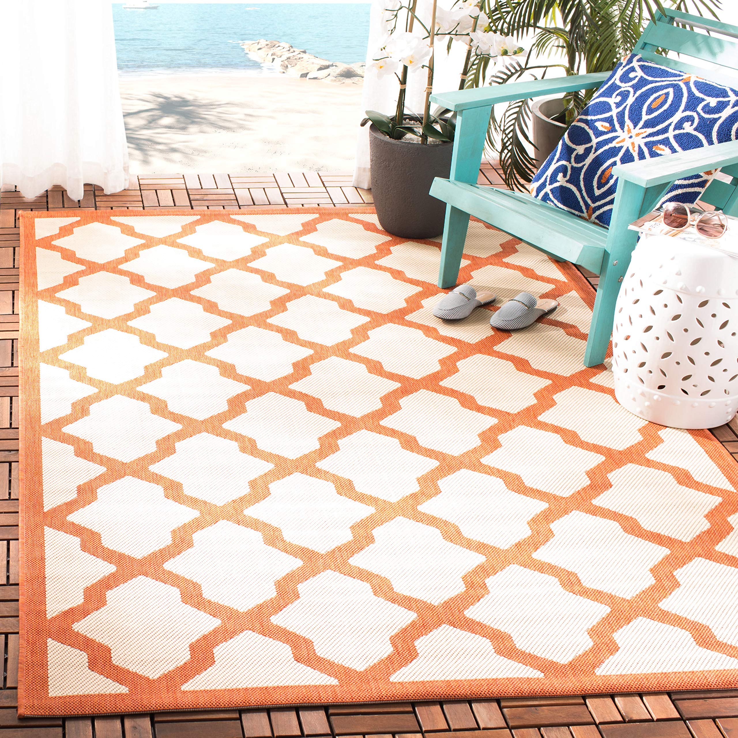 SAFAVIEH Courtyard Collection 8' x 11' Beige/Terracotta Area Rug - Indoor/Outdoor Water-Resistant, Easy to Clean Trellis Design for Patio, Backyard, Mudroom & High-Traffic Areas