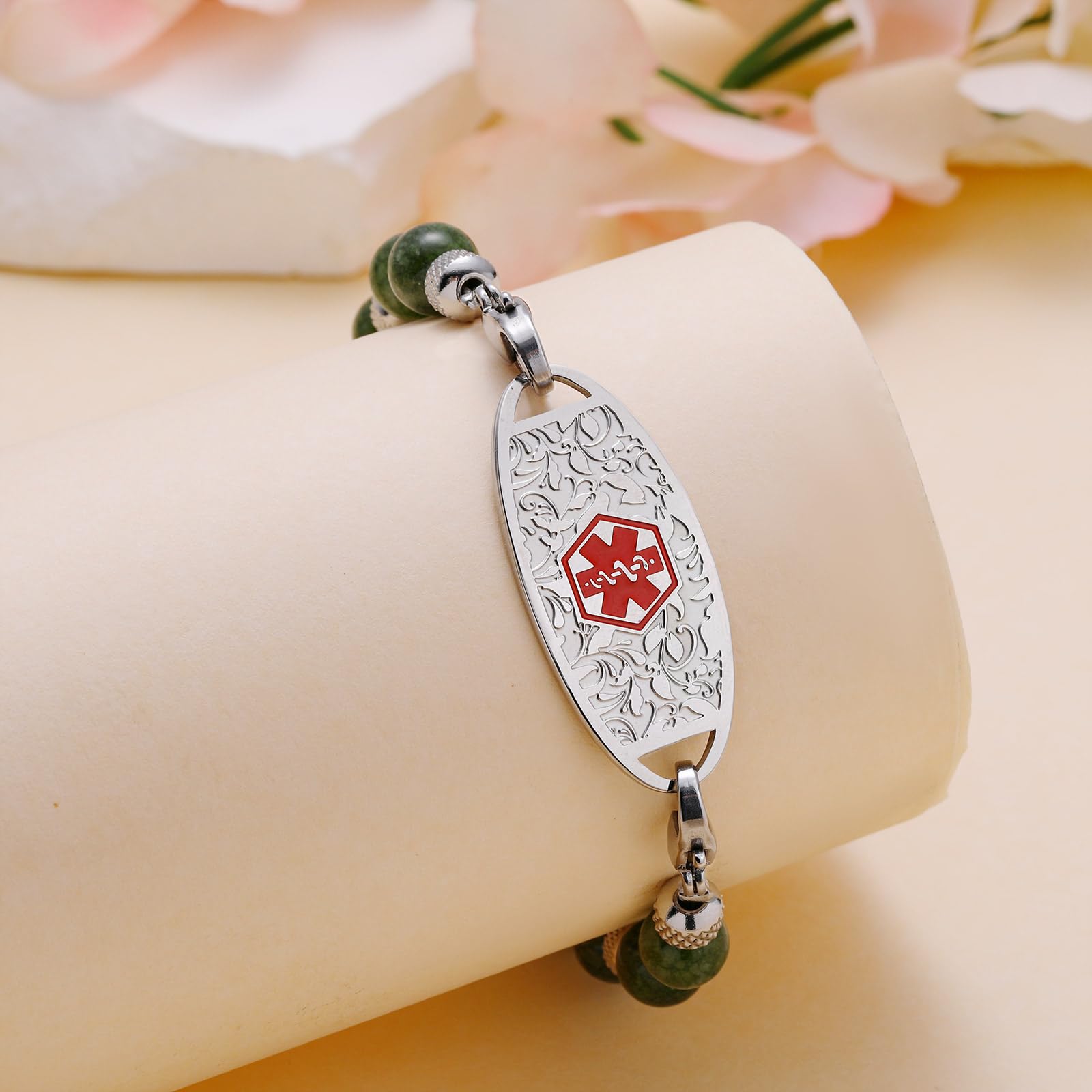 Custom Medical Alert Bracelet with Free Engraving - Adjustable 5.5-8.5 Inch Emergency ID Bracelet for Women & Men - Interchangeable Dark Green & Turquoise Beads - Perfect for Diabetes, Allergies & Emergency Medical Identification