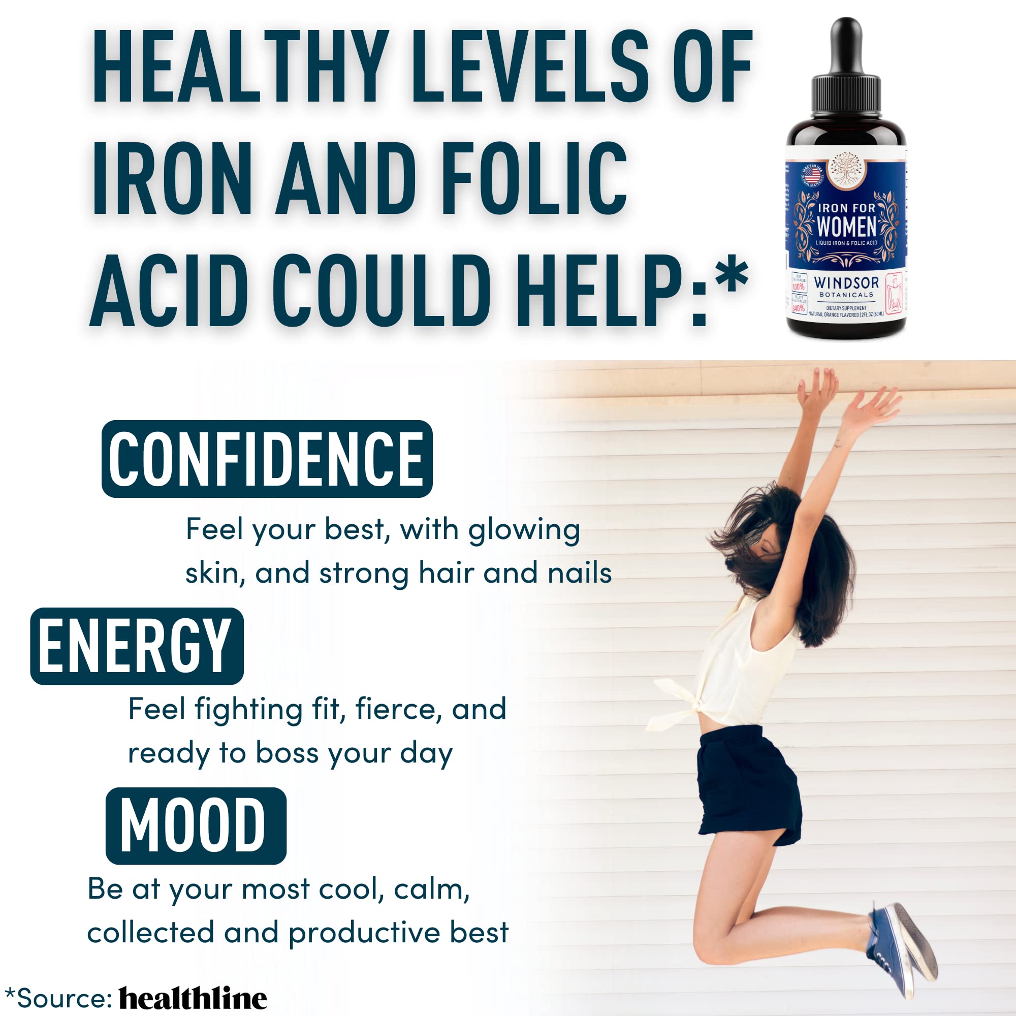 WINDSOR BOTANICALS Liquid Iron Supplement for Anemia with Folic Acid & Vitamin C - Vegan Blood Builder & Gentle Iron Drops for Women - 2 oz Orange Flavor - Supports Energy & Healthy Blood Circulation - Perfect for Pregnancy, Fatigue & Iron Deficiency