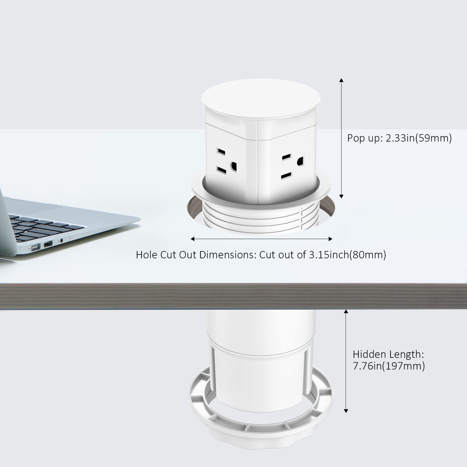Automatic Pop-Up Countertop Outlet with 15A Receptacle - Splash Resistant Power Hub for Kitchen, Conference Table & Office - White | Perfect for Home, Office & Commercial Use