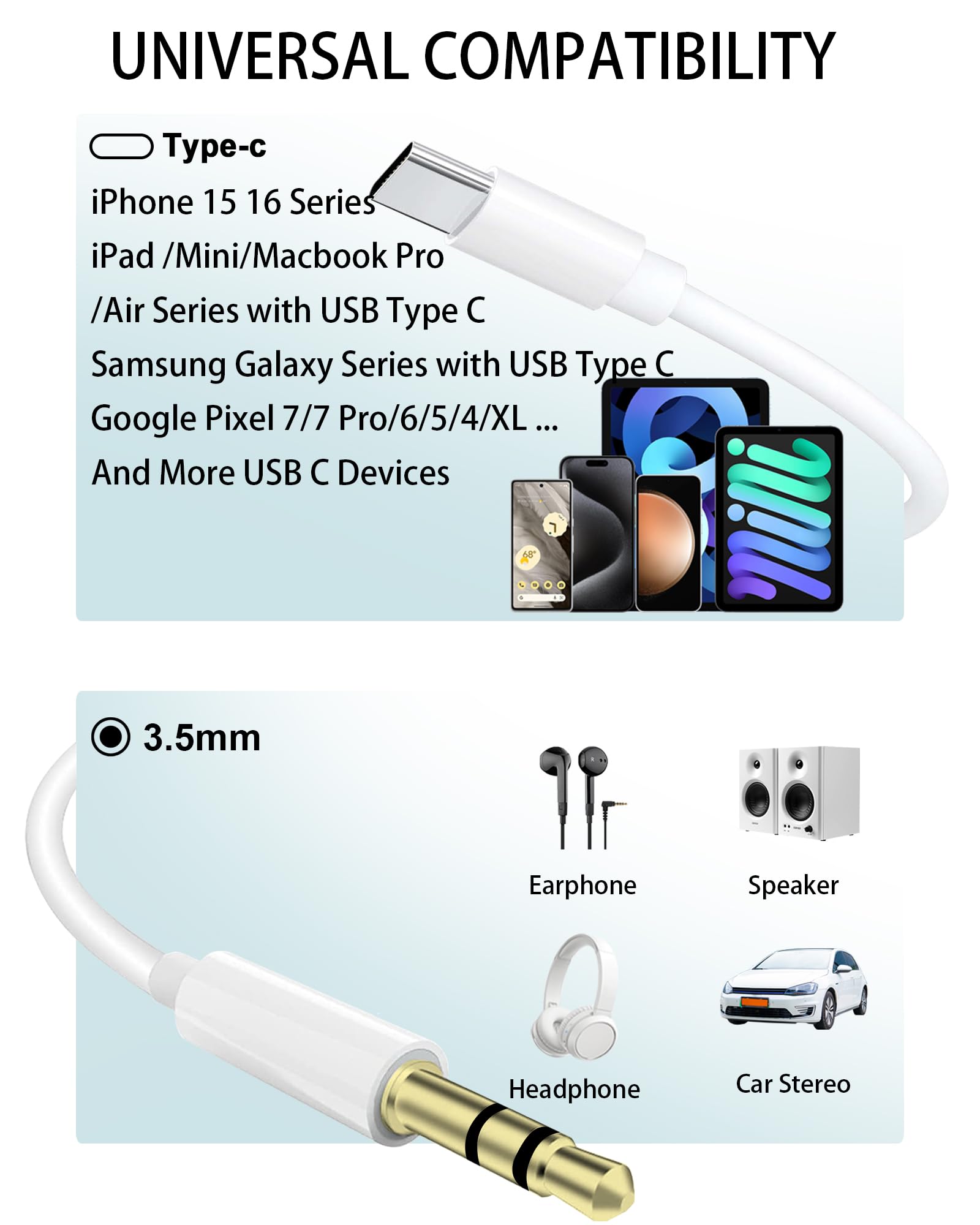 USB C to 3.5mm Audio Aux Cable - White 3.3ft Adapter for iPhone 15/16 Pro Max, iPad Pro/Air - Car Speaker & Stereo Connection | Perfect for Music Streaming in Vehicles & Home Audio Systems