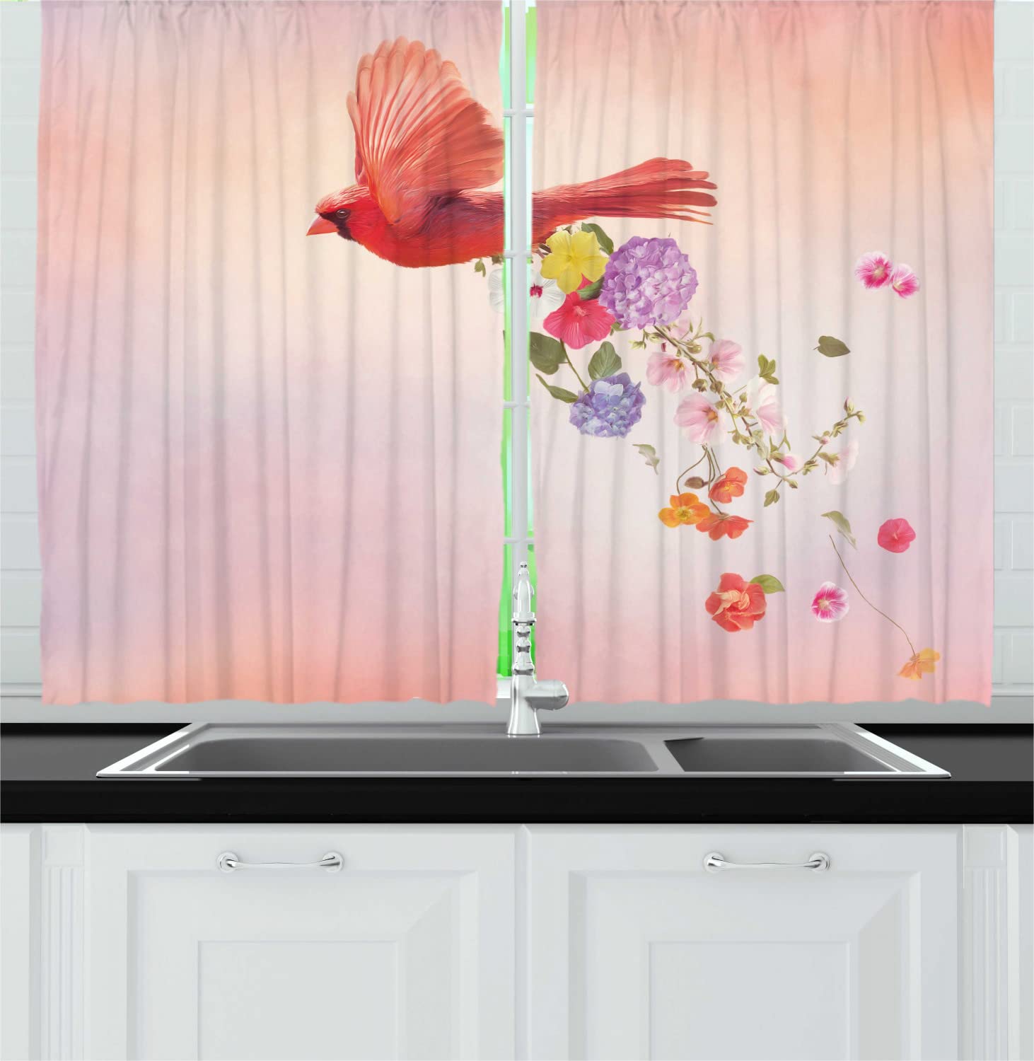 Ambesonne Wedding Long Kitchen Curtains - Northern Cardinal Bird & Floral Bouquet Design, 55