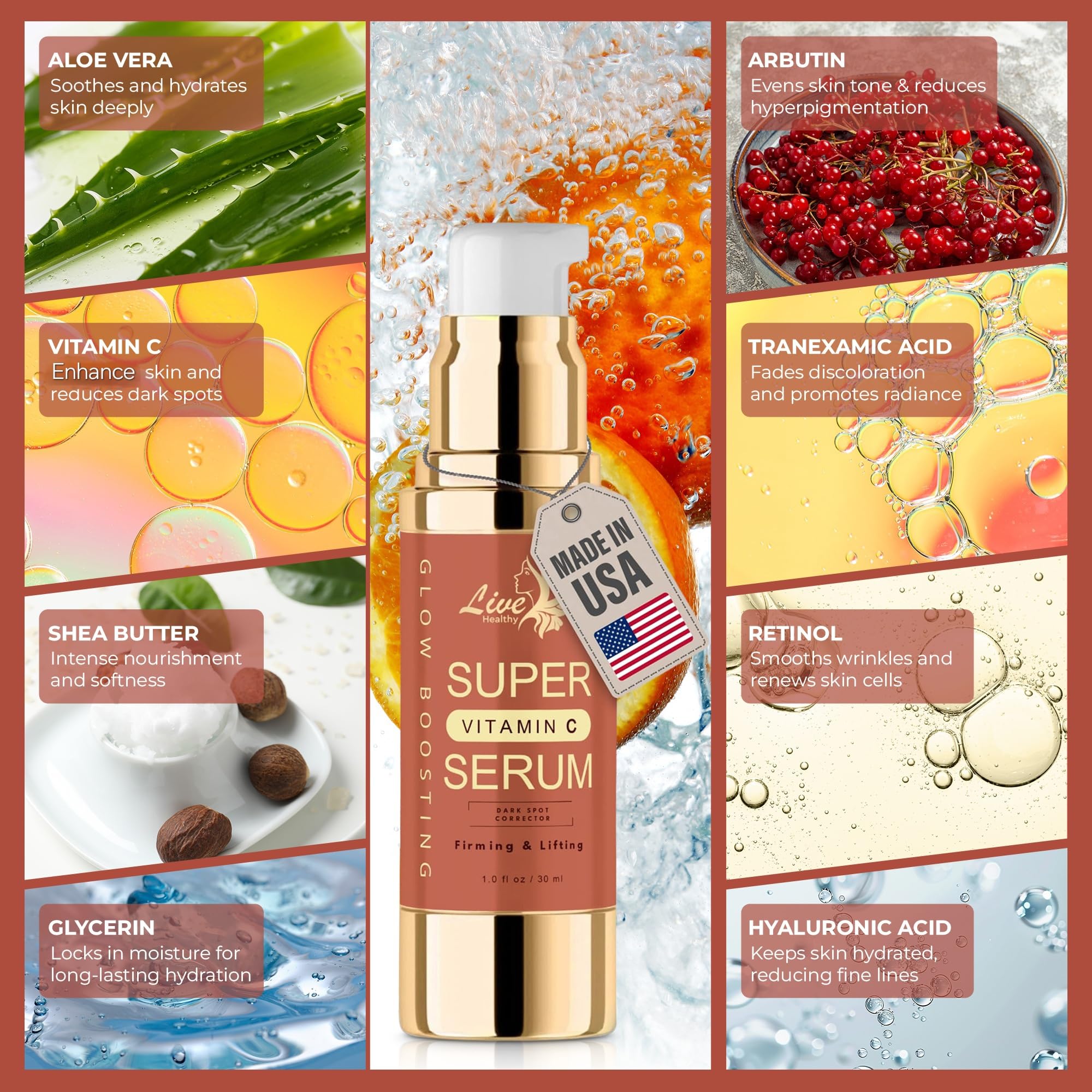 Live Healthy Super Vitamin C Serum for Mature Skin - Anti-Aging Serum with Vitamin C, Peptides & Vitamin E - Reduces Wrinkles & Age Spots, Lifts & Firms Skin - Made in USA (1 fl oz) | Perfect for Nighttime Skincare Routine & Daily Anti-Wrinkle Treatment